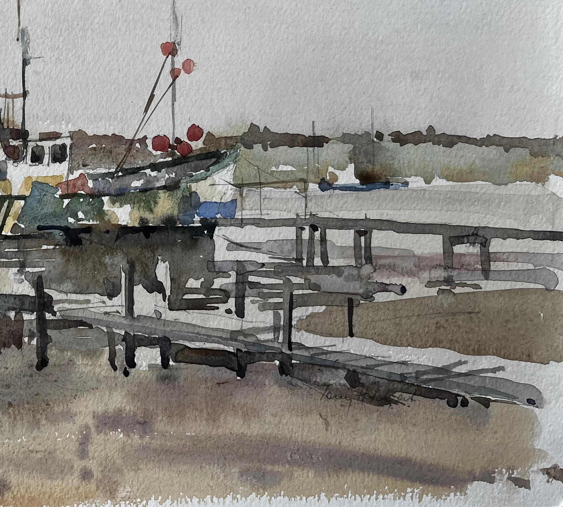 Southwold Fluss Blyth Fischerboot Niedrigwasser Marschszene mit Steg und Church's (Impressionismus), Painting, von Anthony Herbert