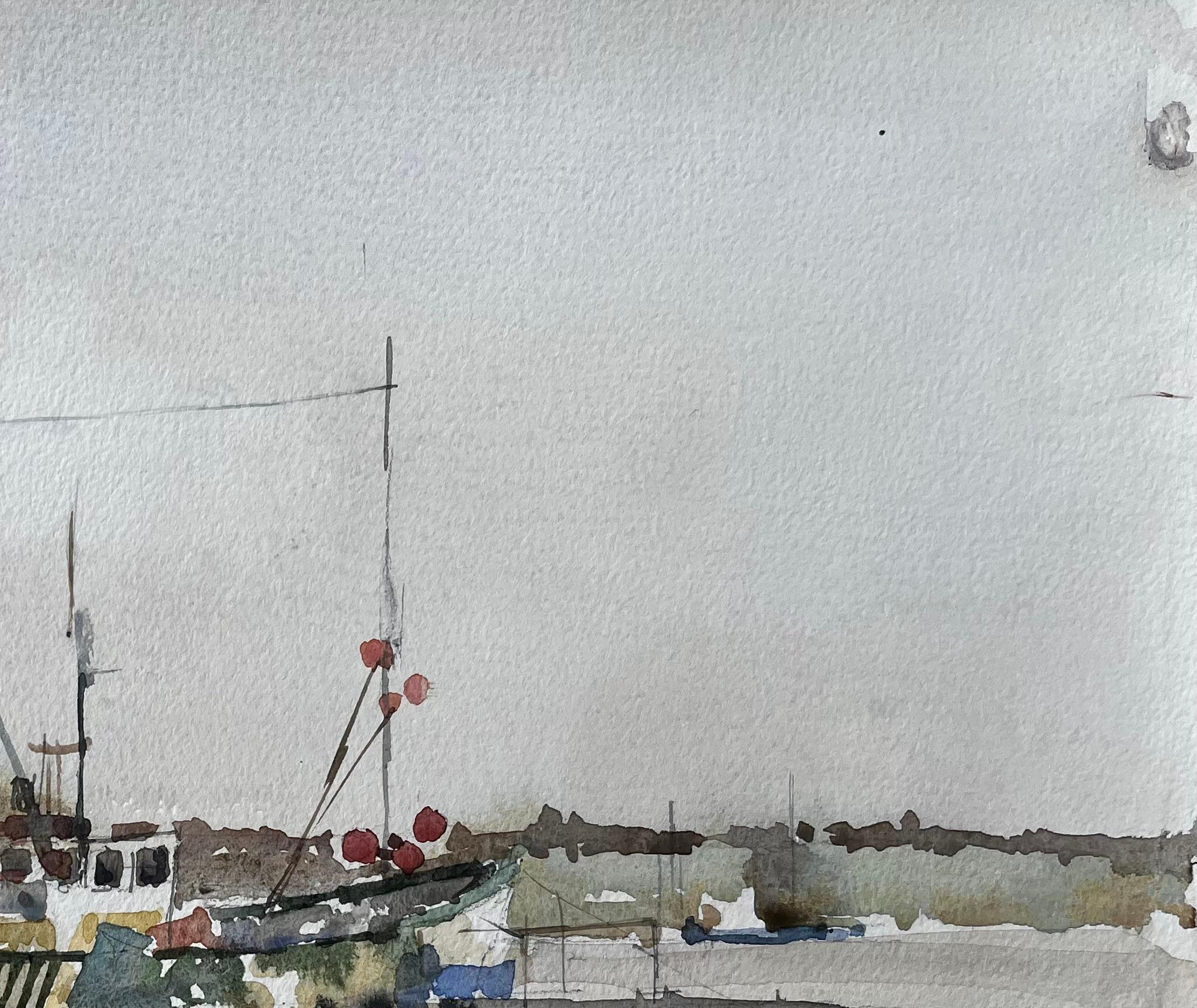 Southwold Fluss Blyth Fischerboot Niedrigwasser Marschszene mit Steg und Church's (Grau), Landscape Painting, von Anthony Herbert