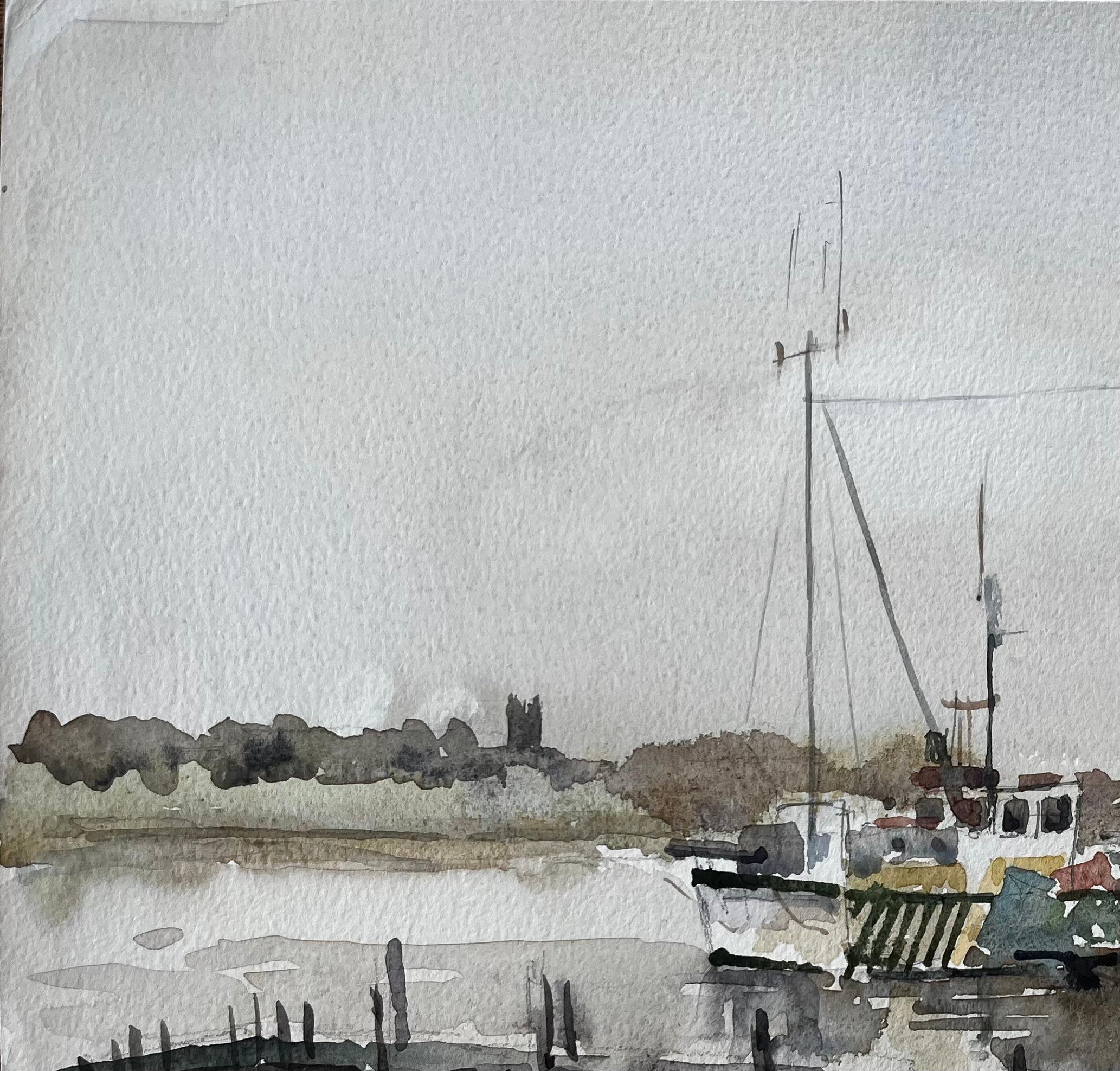 Southwold Fluss Blyth Fischerboot Niedrigwasser Marschszene mit Steg und Church's im Angebot 1