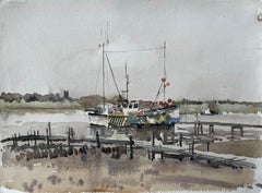 Southwold Río Blyth Barco de pesca Marea baja Escena de pantano con embarcadero e iglesia