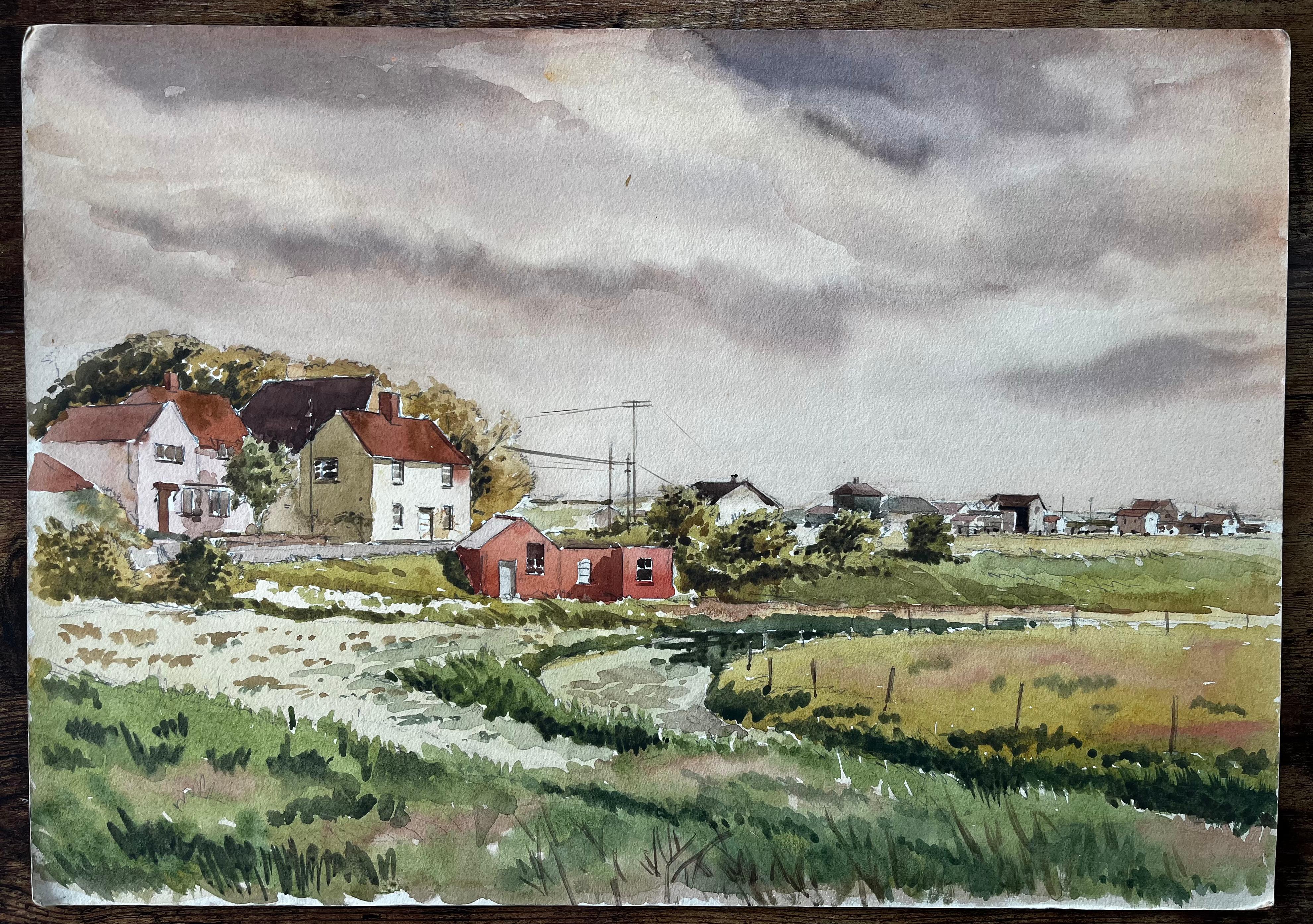 Southwold Suffolk Landschaft mit roten Dächern Cottages und bewölktem Himmel Aquarell – Art von Anthony Herbert