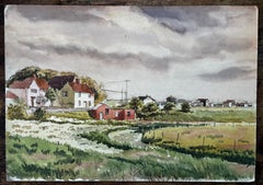 Southwold Suffolk Landscape with Red Roofed Cottages and Cloudy Sky Watercolour