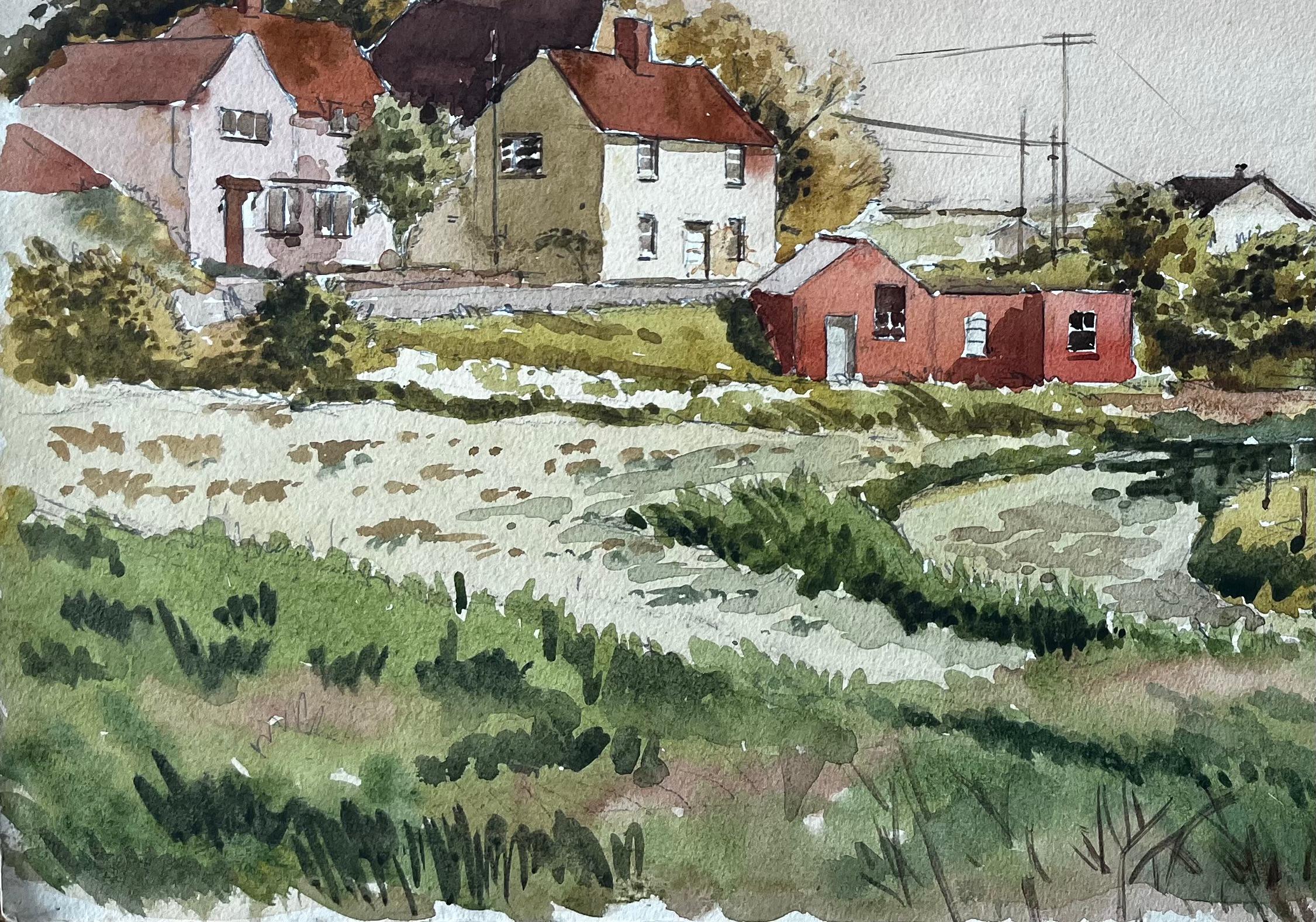 Southwold Suffolk Landschaft mit roten Dächern Cottages und bewölktem Himmel Aquarell (Grau), Landscape Art, von Anthony Herbert
