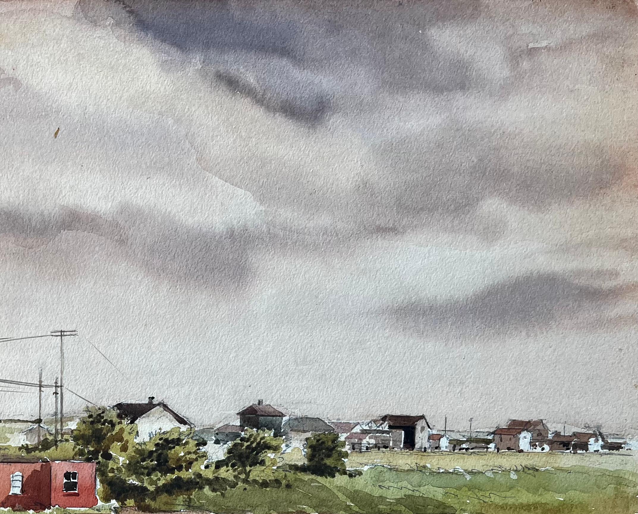 Titel: Southwold Suffolk Landschaft mit rotgedeckten Cottages und bewölktem Himmel Aquarell
Von Tony Herbert (1927-2024)
Medium: Aquarell auf Karton
Größe: 14,25 x 21,25 Zoll 
Zustand: gut
Provenienz: Aus einer großen Privatsammlung des Künstlers,