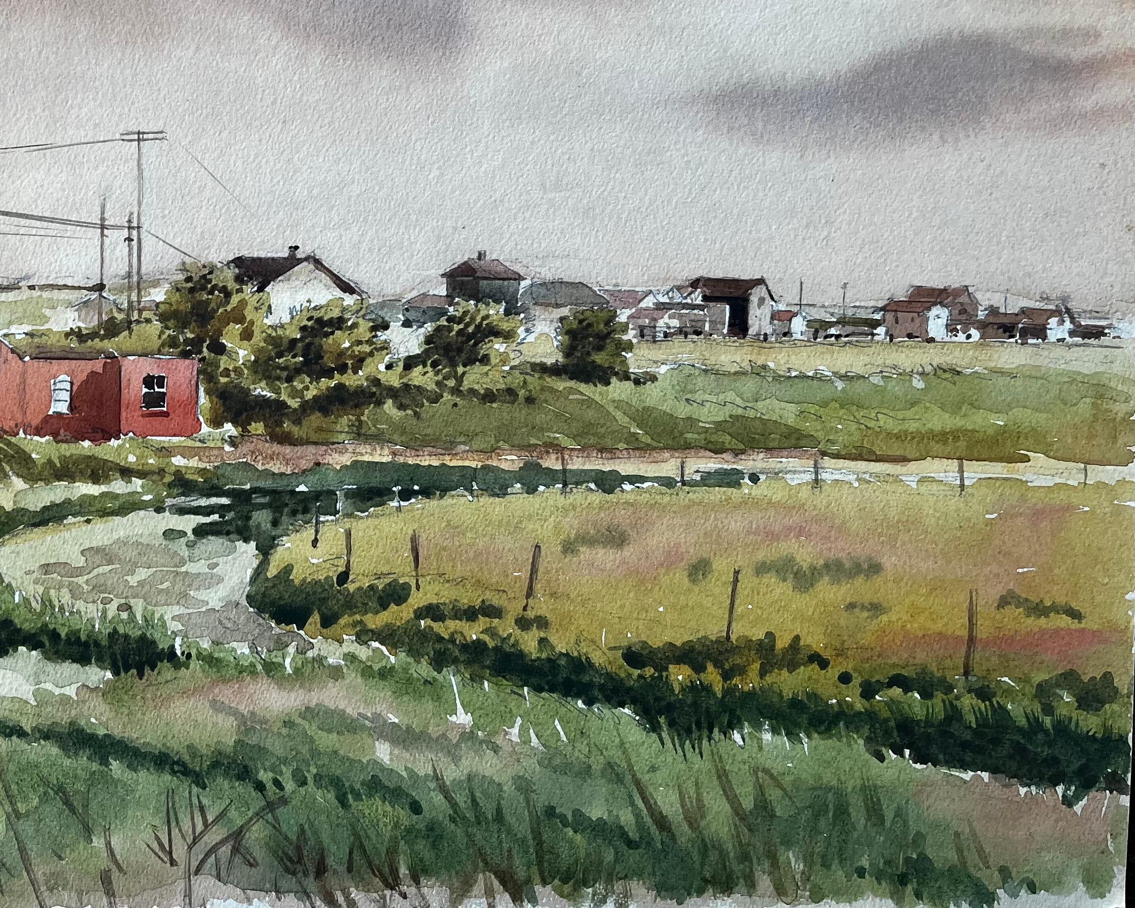 Southwold Suffolk Landschaft mit roten Dächern Cottages und bewölktem Himmel Aquarell im Angebot 1