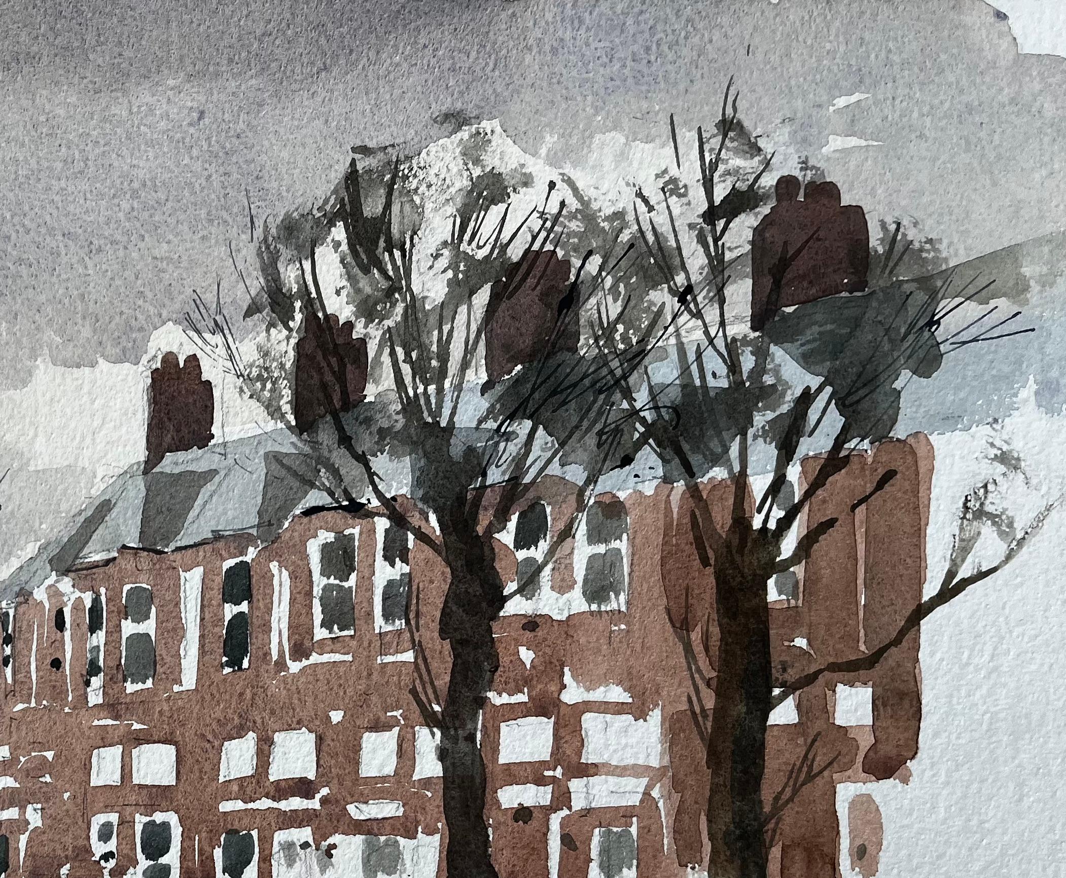 Southwold York Straßenszene mit roten Backsteinterrassen Bäumen und Pfützen Aquarell (Impressionismus), Art, von Anthony Herbert