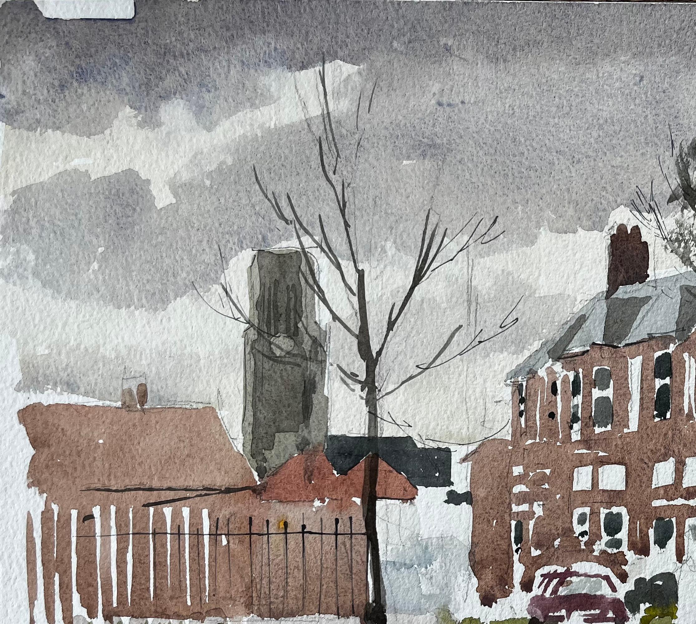 Titel: Southwold York Road Scene mit roten Backsteinterrassen Bäumen und Pfützen Aquarell
Von Tony Herbert (1927-2024)
Verso vermerkt: 