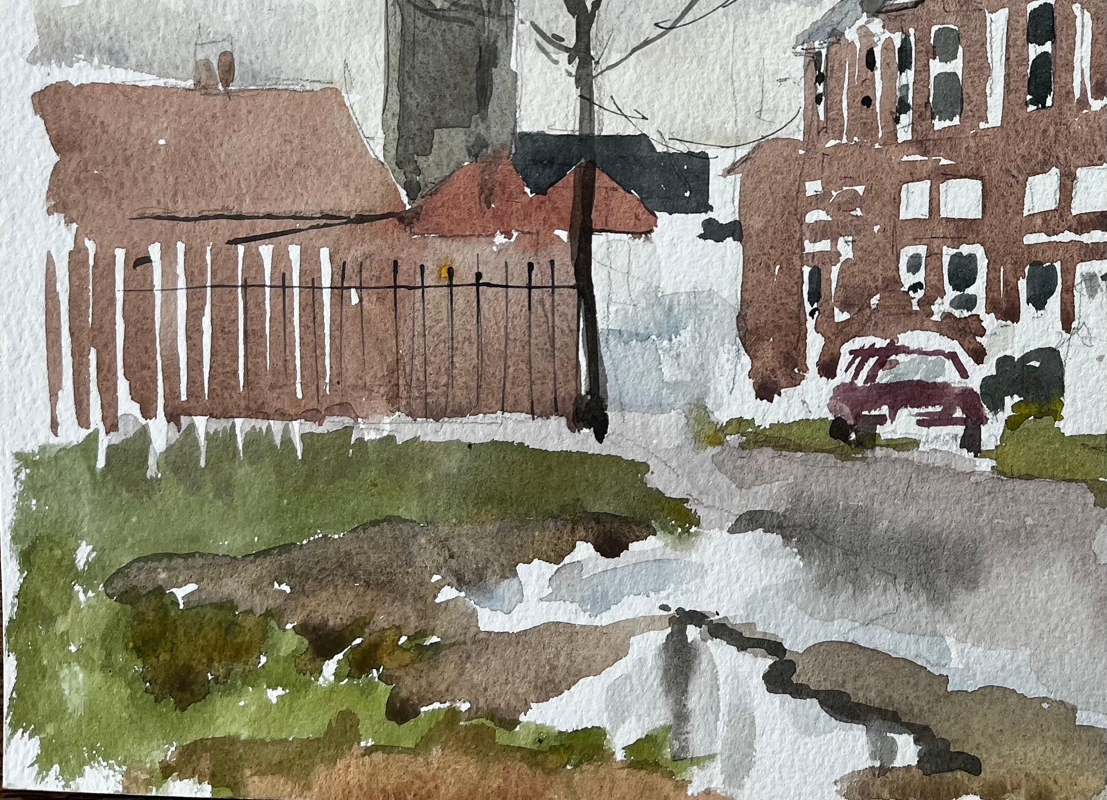 Southwold York Straßenszene mit roten Backsteinterrassen Bäumen und Pfützen Aquarell im Angebot 1