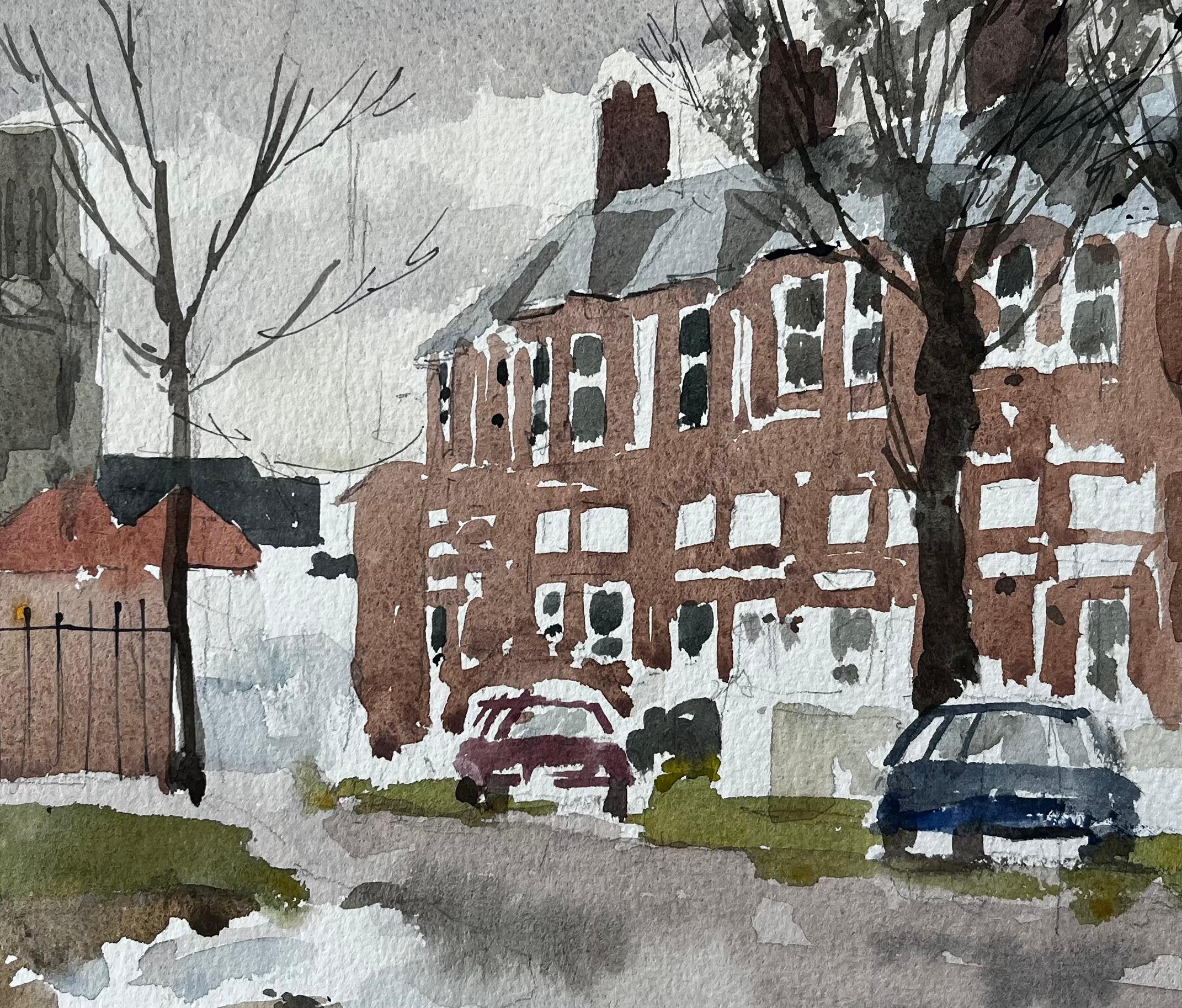 Southwold York Straßenszene mit roten Backsteinterrassen Bäumen und Pfützen Aquarell im Angebot 2