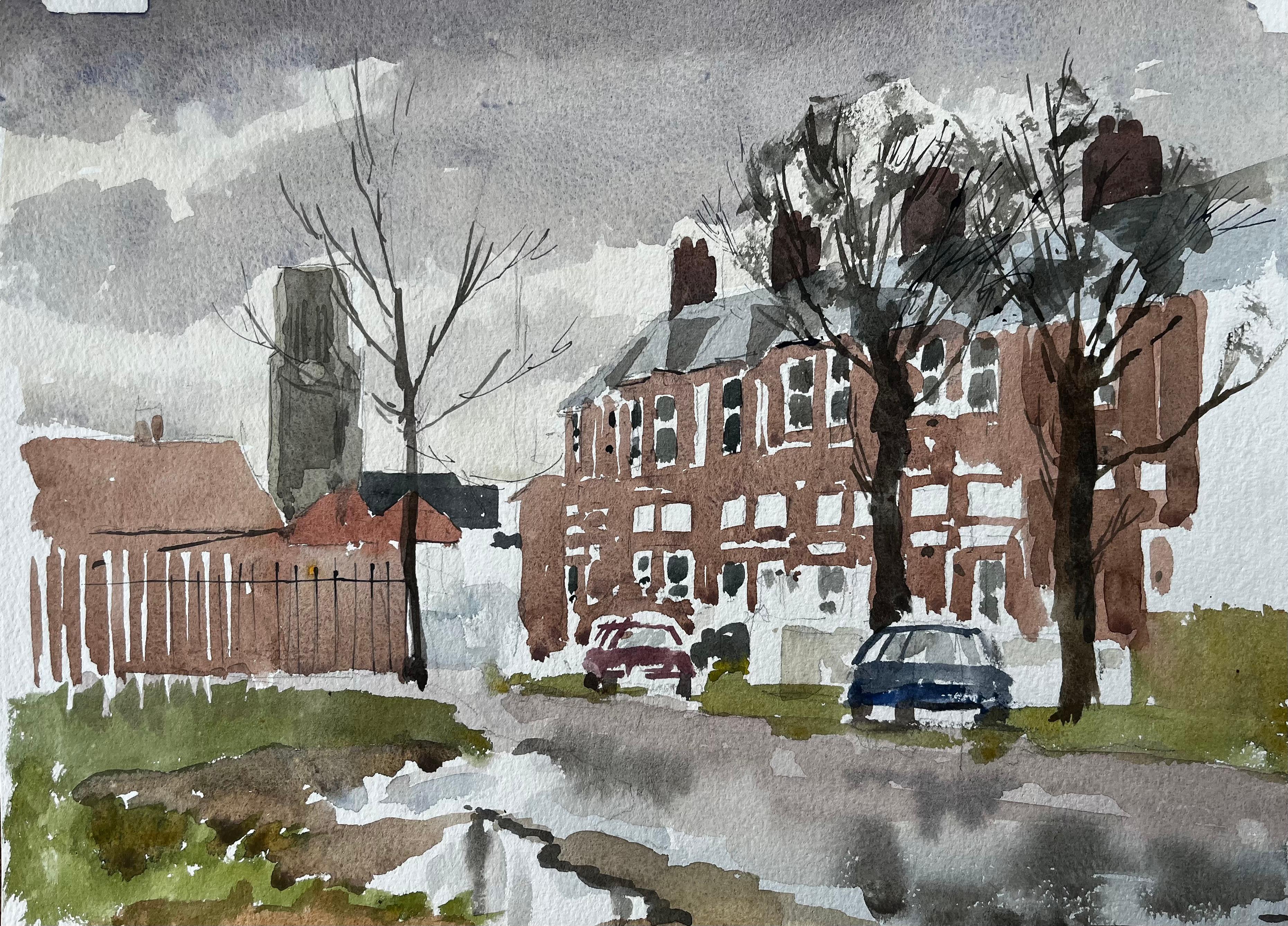Southwold York Road Scene with Red Brick Terraces Trees and Puddles Watercolour