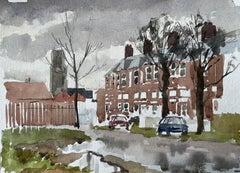 Southwold York Scena stradale con terrazze di mattoni rossi Alberi e pozzanghere Acquerello