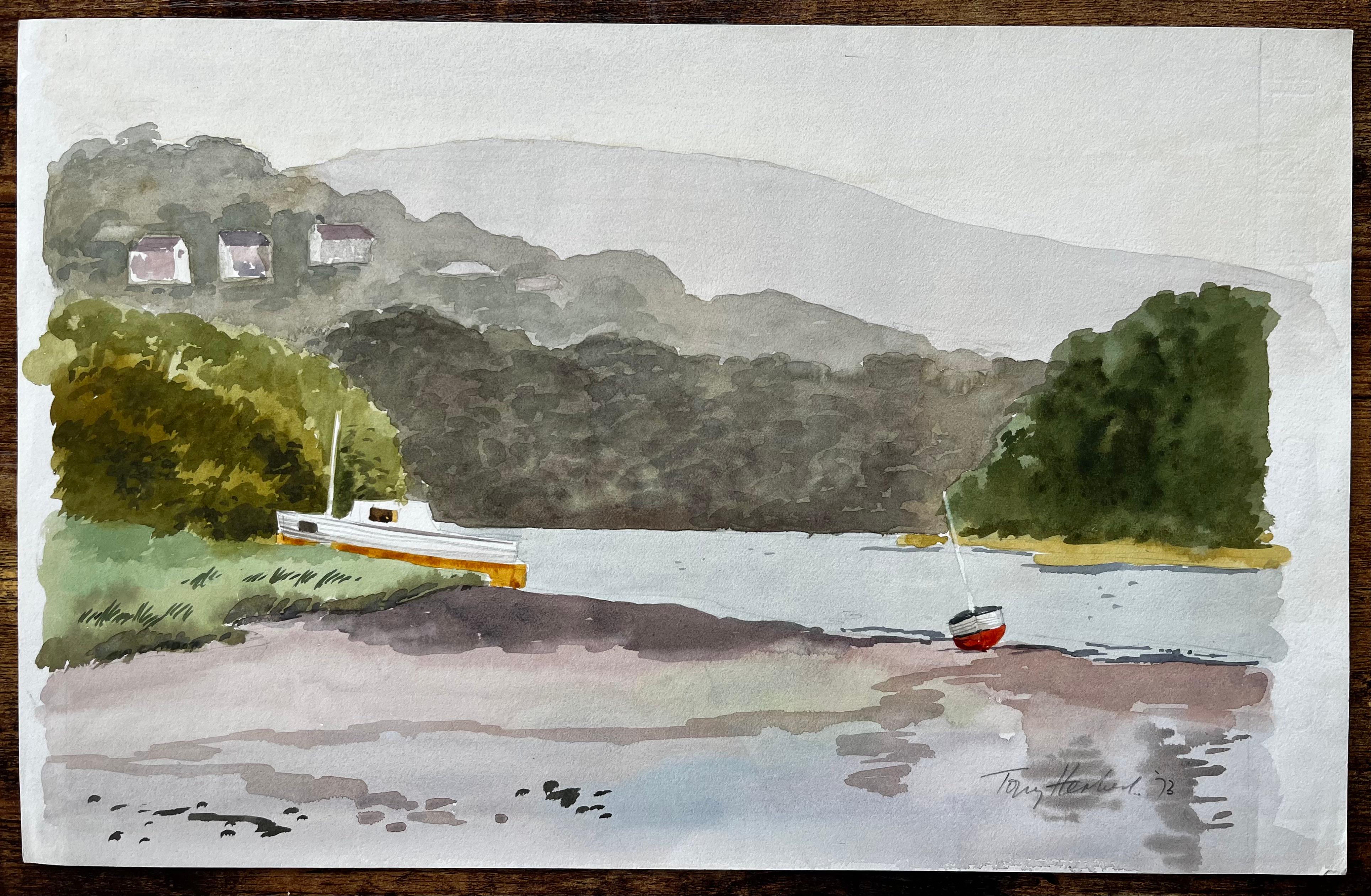 St Dogmaels Pembrokeshire Flussmündung Landschaft Boot Aquarellmalerei – Painting von Anthony Herbert