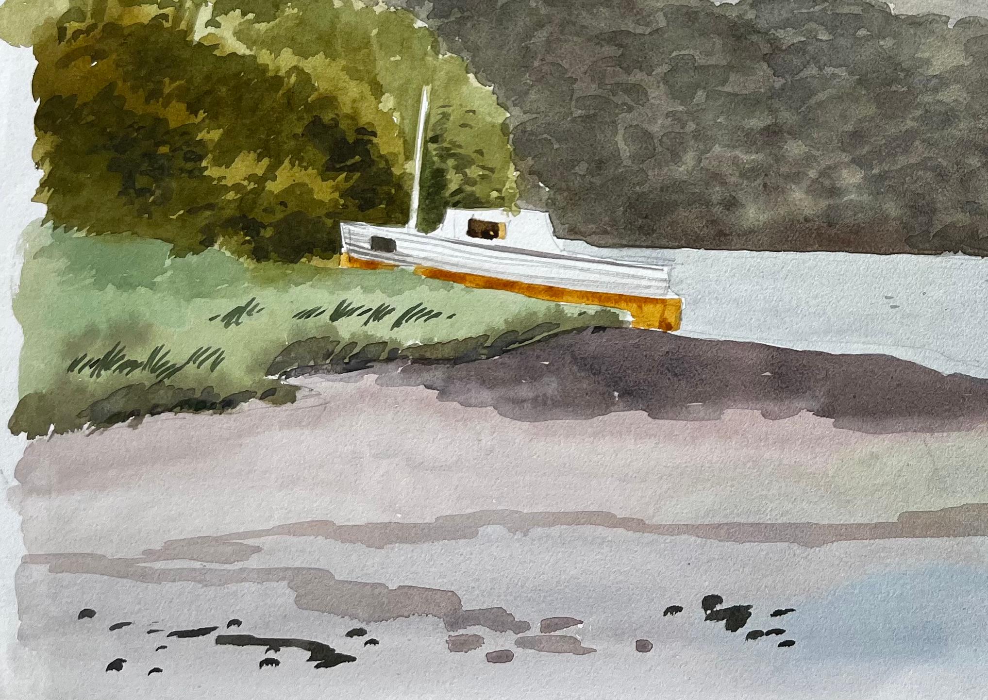 St Dogmaels Pembrokeshire Flussmündung Landschaft Boot Aquarellmalerei (Impressionismus), Painting, von Anthony Herbert