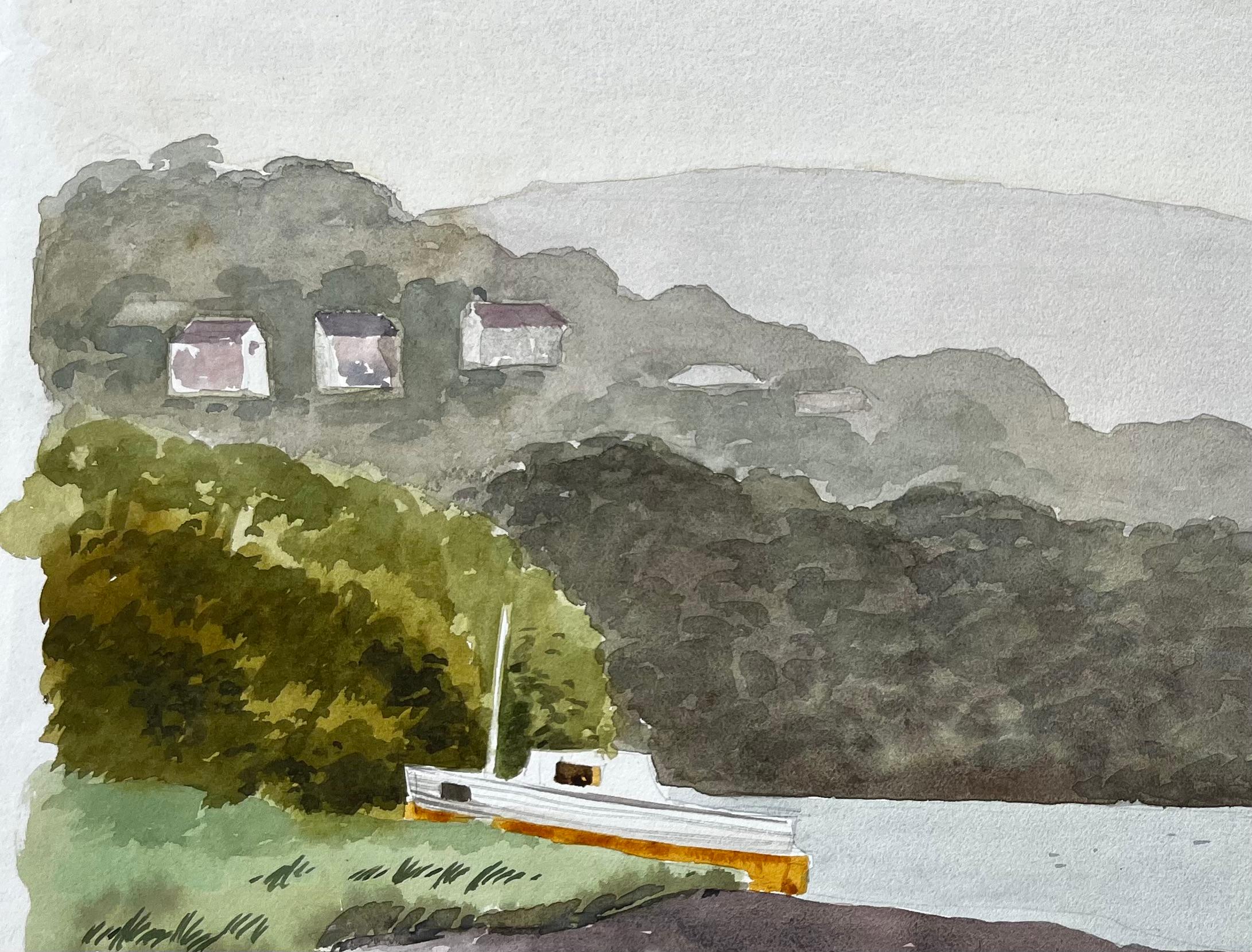 St Dogmaels Pembrokeshire Flussmündung Landschaft Boot Aquarellmalerei (Grau), Landscape Painting, von Anthony Herbert