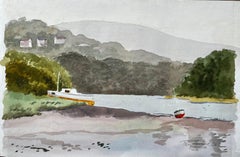 St Dogmaels Pembrokeshire River Estuary Landscape Boat Watercolour Painting