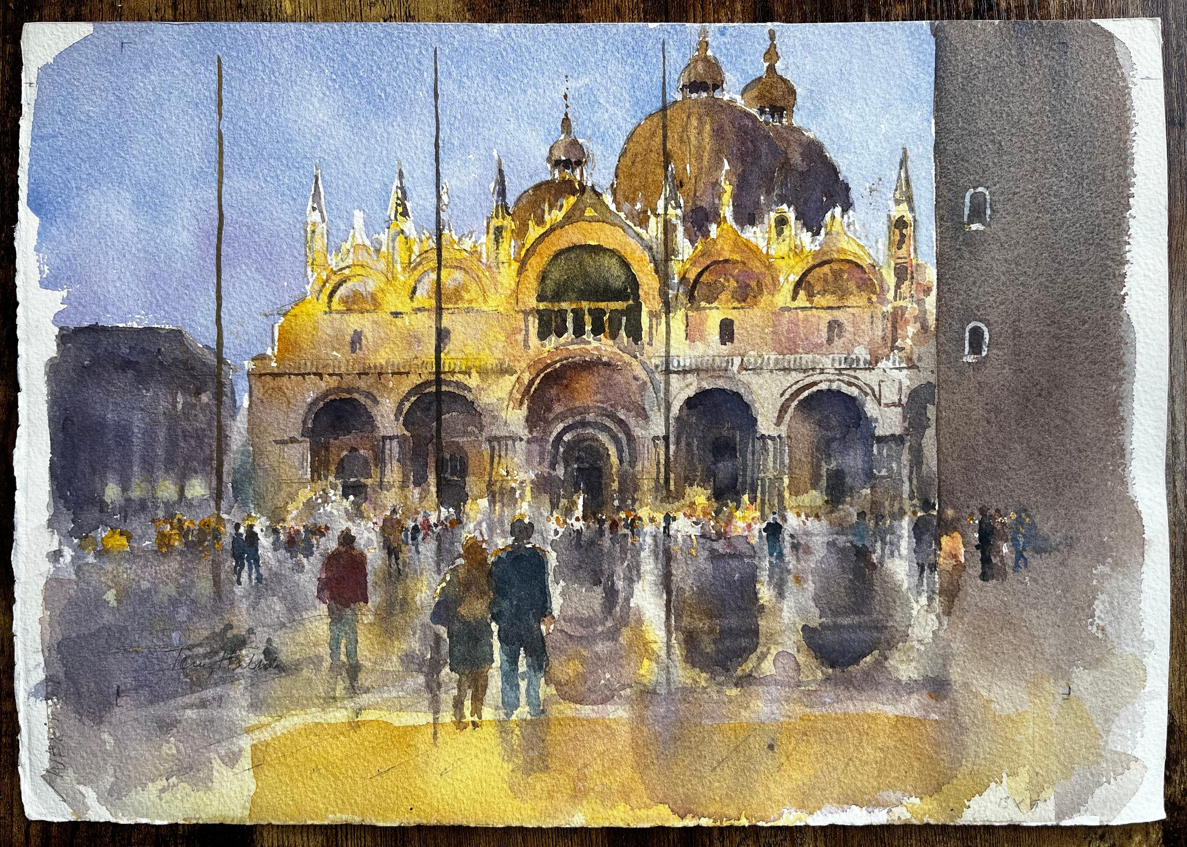 St Marks Basilica Venice in Golden Light with Crowds and Reflections Watercolour - Painting by Anthony Herbert