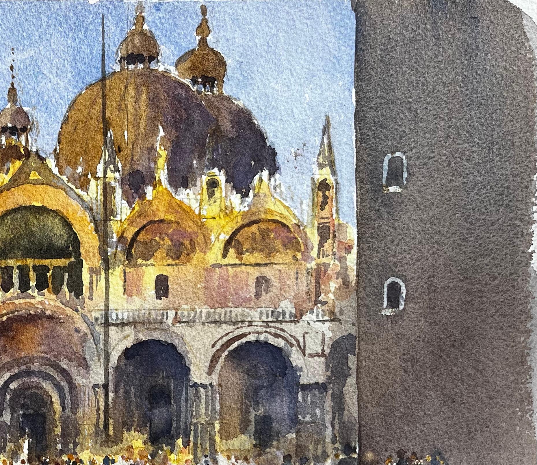 St Marks Basilica Venice in Golden Light with Crowds and Reflections Watercolour - Impressionist Painting by Anthony Herbert