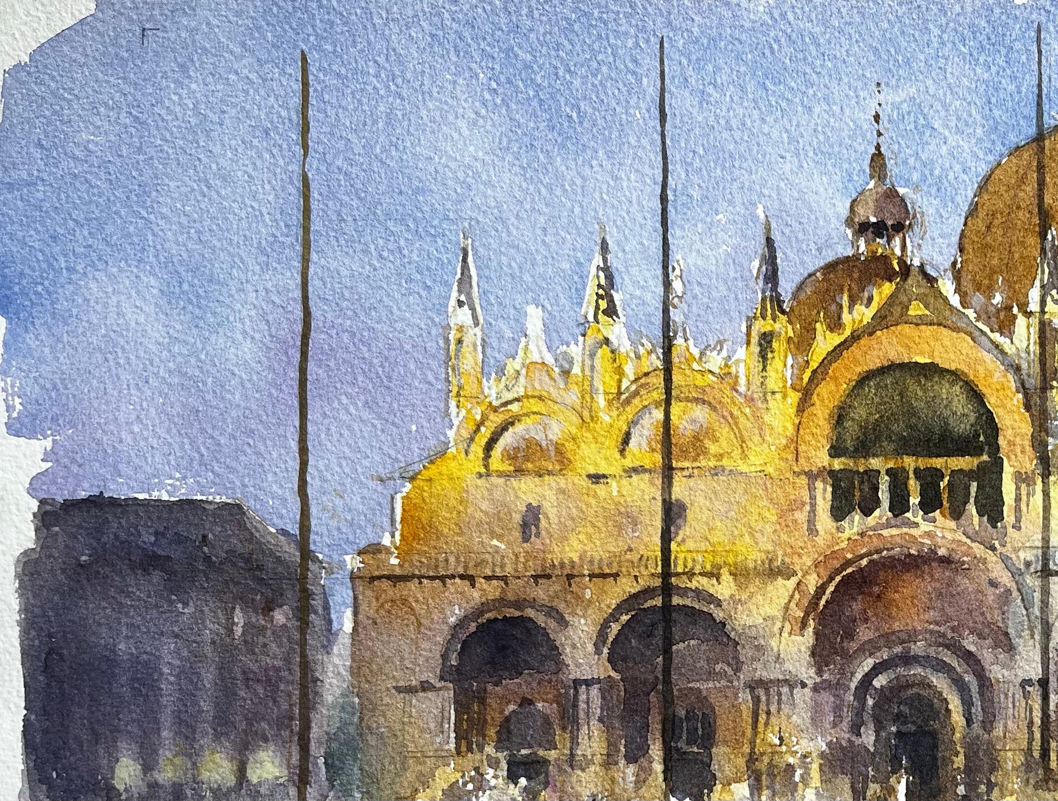 St Marks Basilica Venice in Golden Light with Crowds and Reflections Watercolour - Gray Landscape Painting by Anthony Herbert
