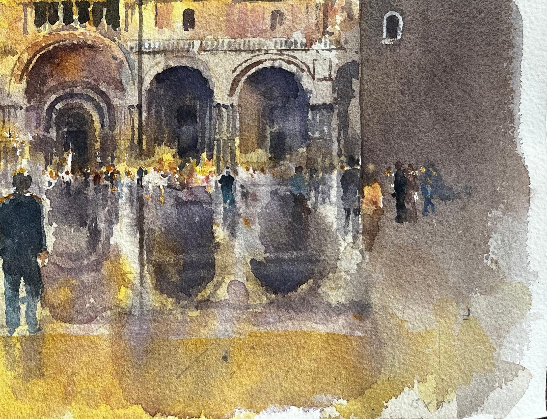 St Marks Basilica Venice in Golden Light with Crowds and Reflections Watercolour For Sale 1