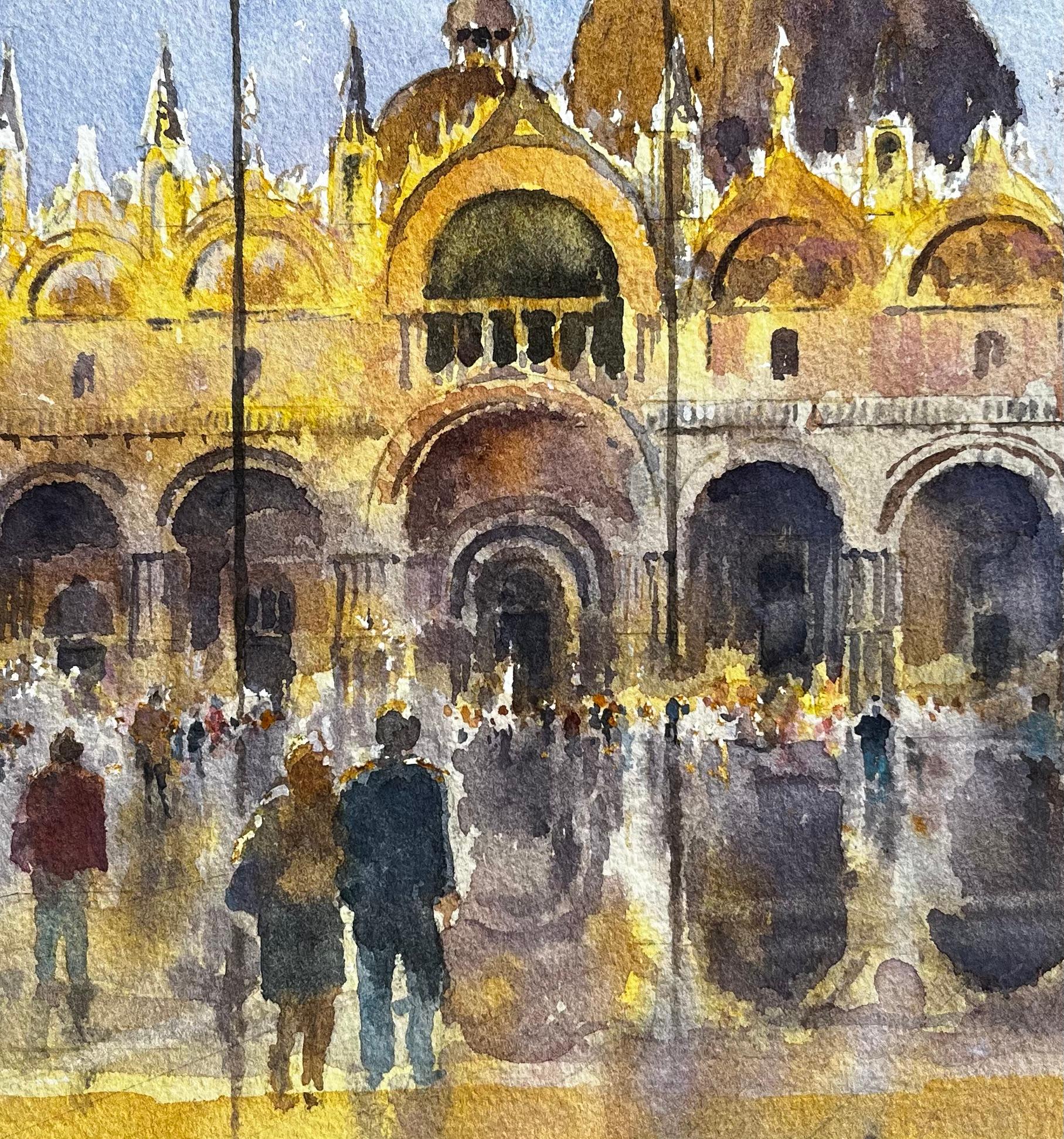 St Marks Basilica Venice in Golden Light with Crowds and Reflections Watercolour For Sale 2