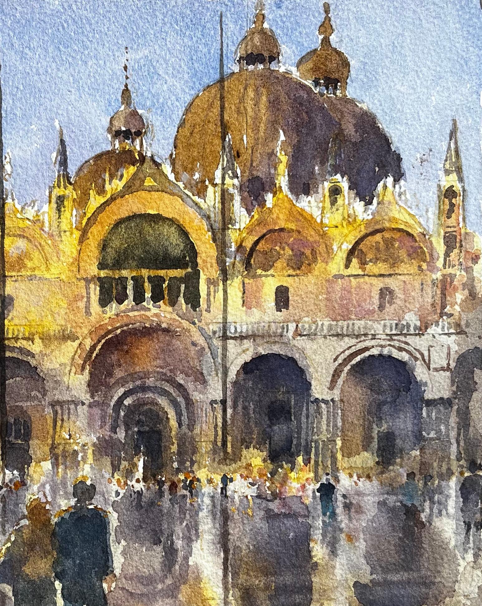 St Marks Basilica Venice in Golden Light with Crowds and Reflections Watercolour For Sale 3