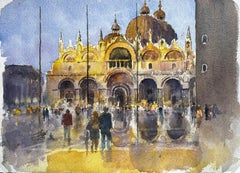 St Marks Basilica Venice in Golden Light with Crowds and Reflections Watercolour