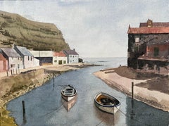 Bateaux du port de Staithes avec falaise et chalets de bord de mer Aquarelle du Yorkshire