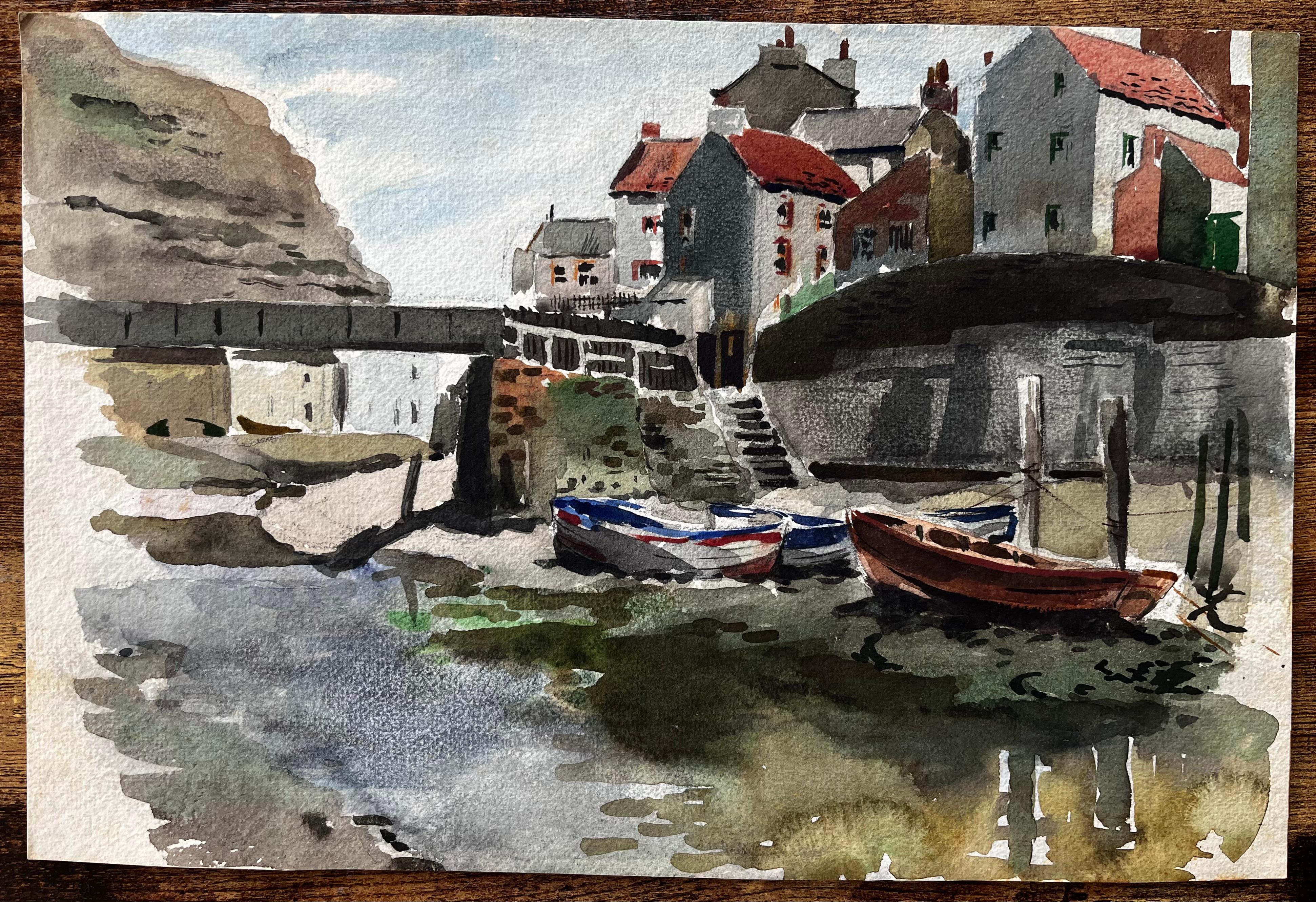 Staithes Harbour with Boats and Red Roofed Cottages North Yorkshire Coast - Painting by Anthony Herbert