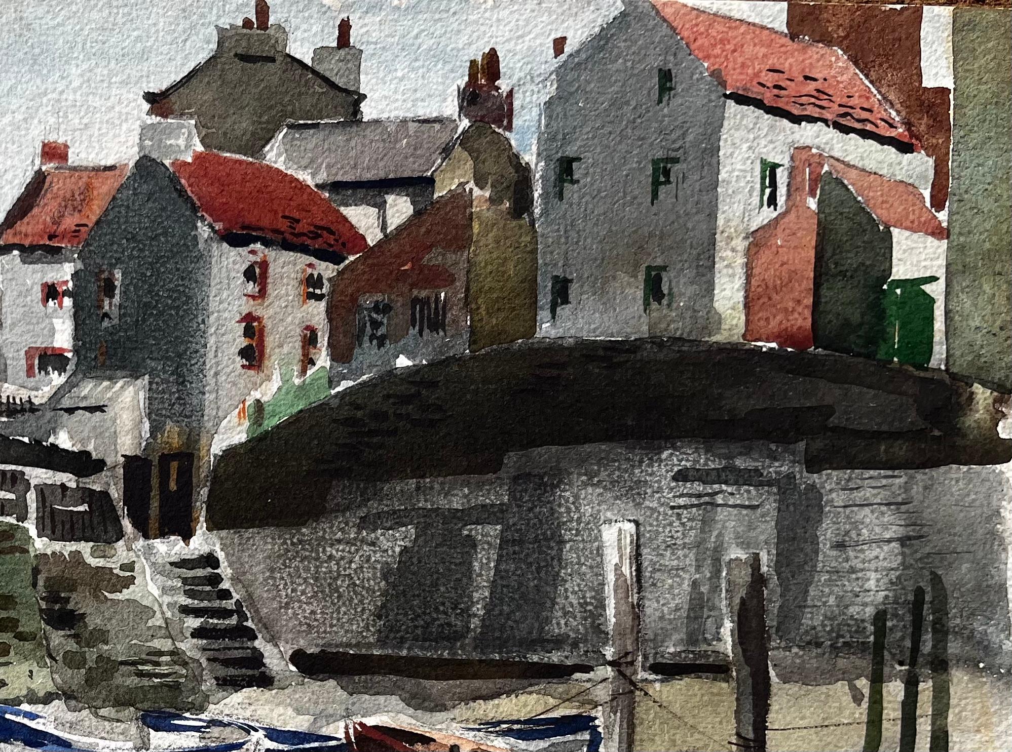 Staithes Harbour with Boats and Red Roofed Cottages North Yorkshire Coast - Impressionist Painting by Anthony Herbert