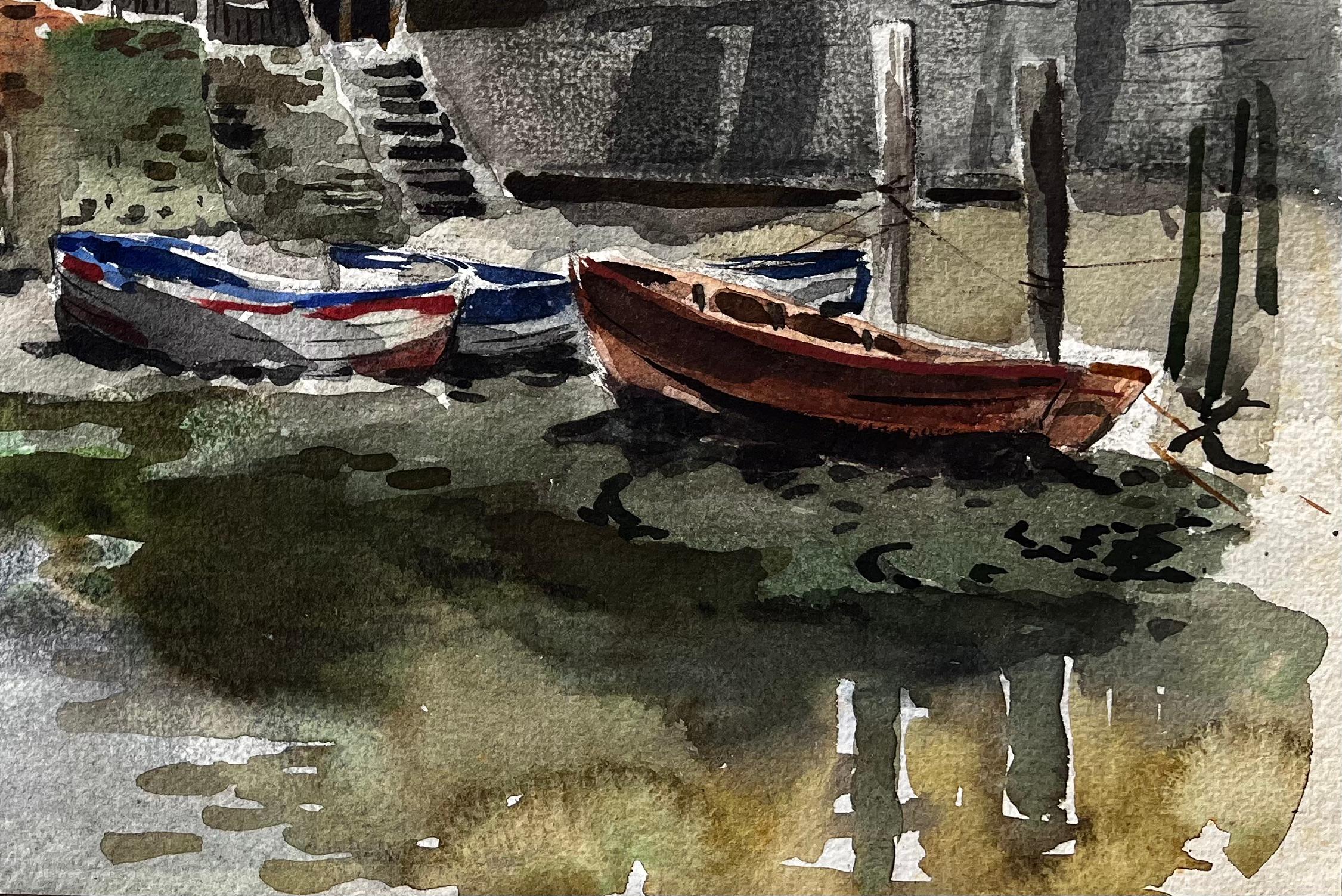Staithes Harbour with Boats and Red Roofed Cottages North Yorkshire Coast - Gray Landscape Painting by Anthony Herbert