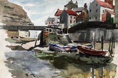Staithes Harbour with Boats and Red Roofed Cottages North Yorkshire Coast