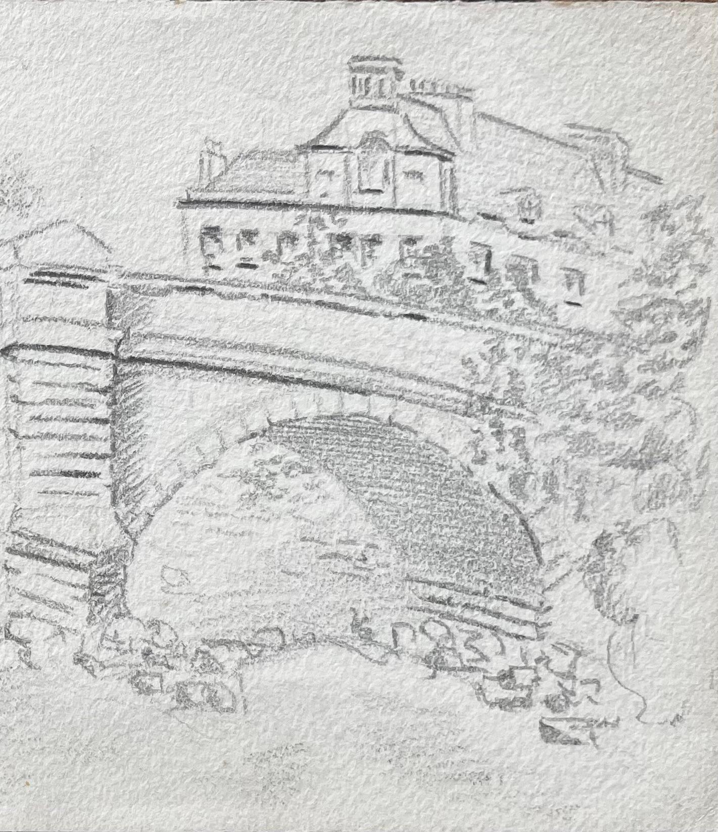 Stone Bridge Flusslandschaft mit Bäumen und Stadthaus Bleistiftzeichnung (Impressionismus), Art, von Anthony Herbert