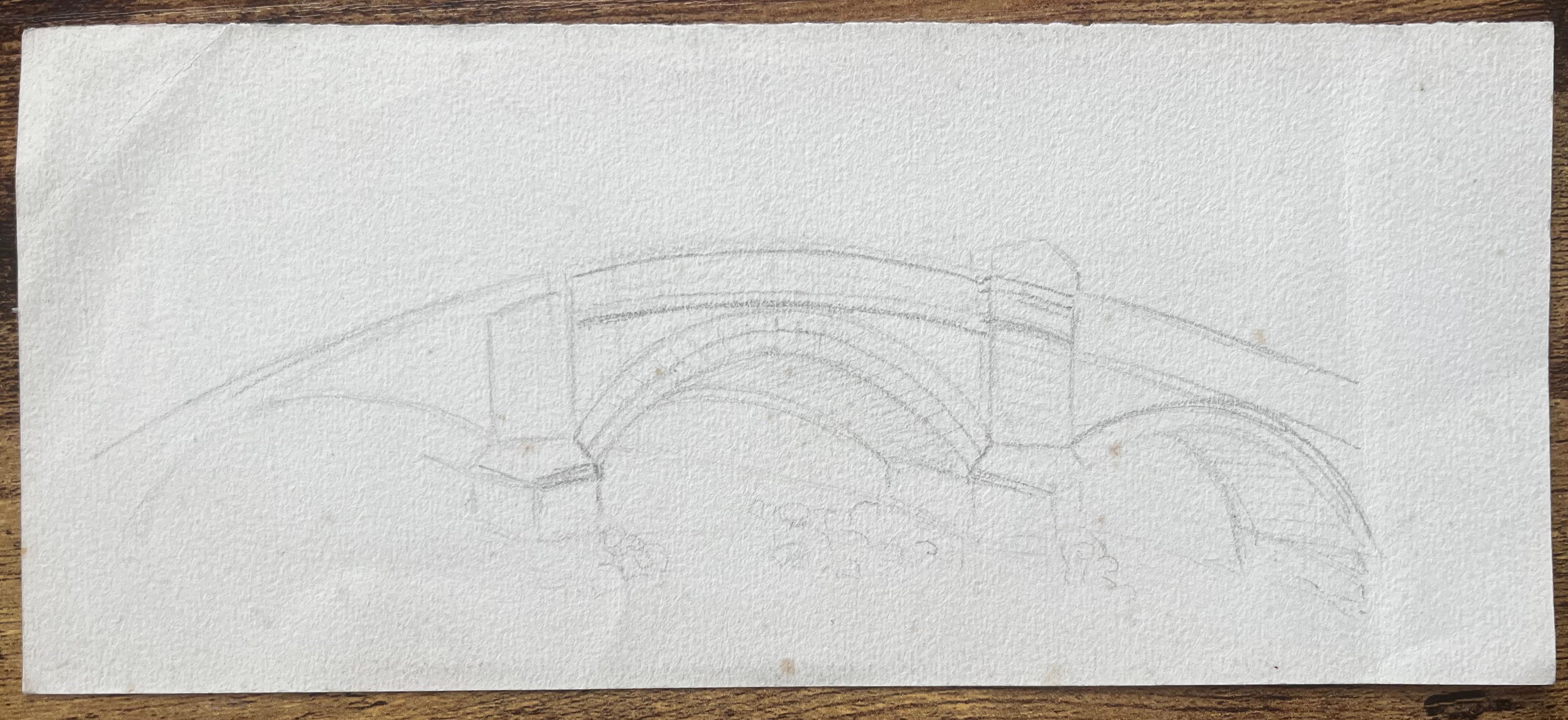 Stone Bridge Flusslandschaft mit Bäumen und Stadthaus Bleistiftzeichnung im Angebot 1