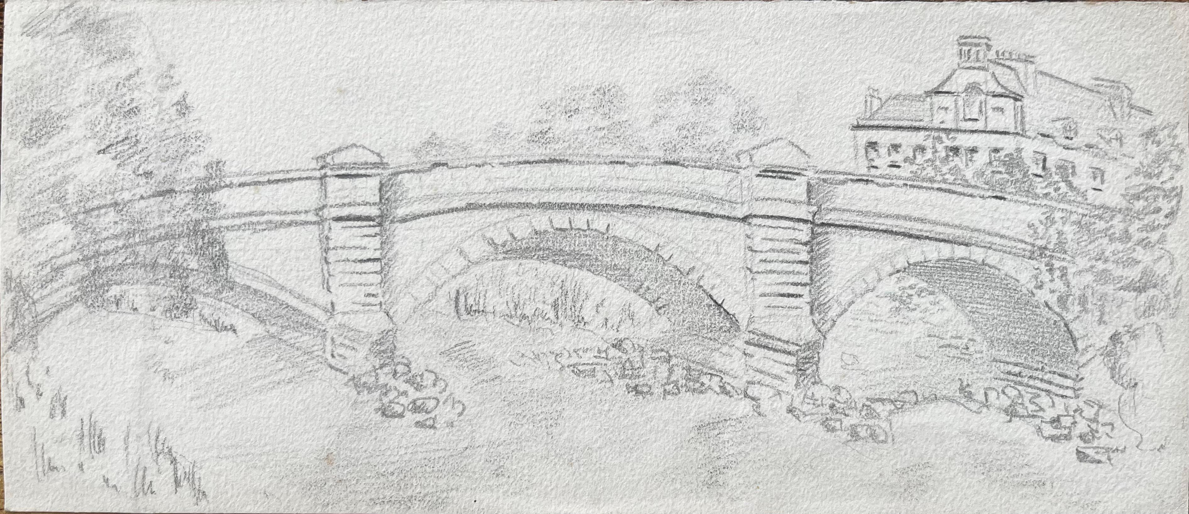 Anthony Herbert Landscape Art – Stone Bridge Flusslandschaft mit Bäumen und Stadthaus Bleistiftzeichnung