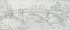Stone Bridge Flusslandschaft mit Bäumen und Stadthaus Bleistiftzeichnung