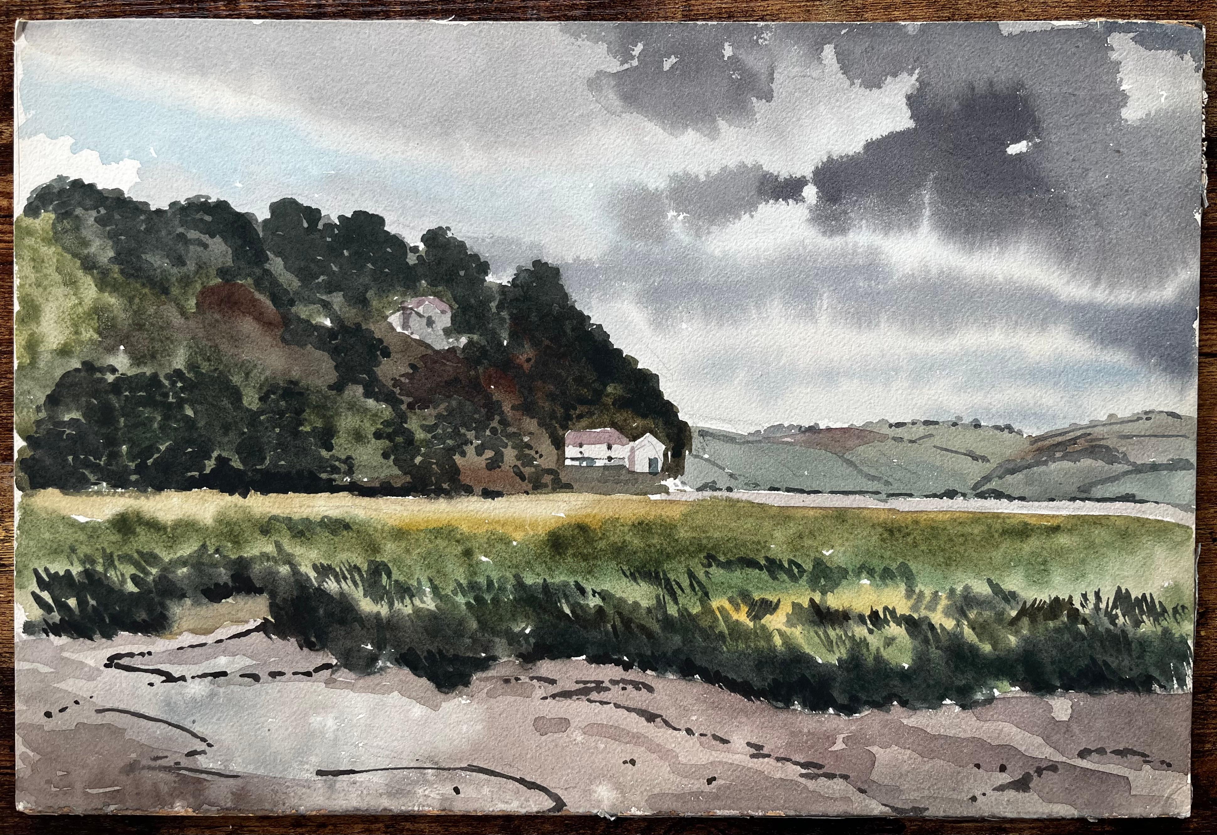 Cielo tormentoso sobre pantano y colinas Laugharne Sur de Gales 1967 Acuarela - Painting de Anthony Herbert