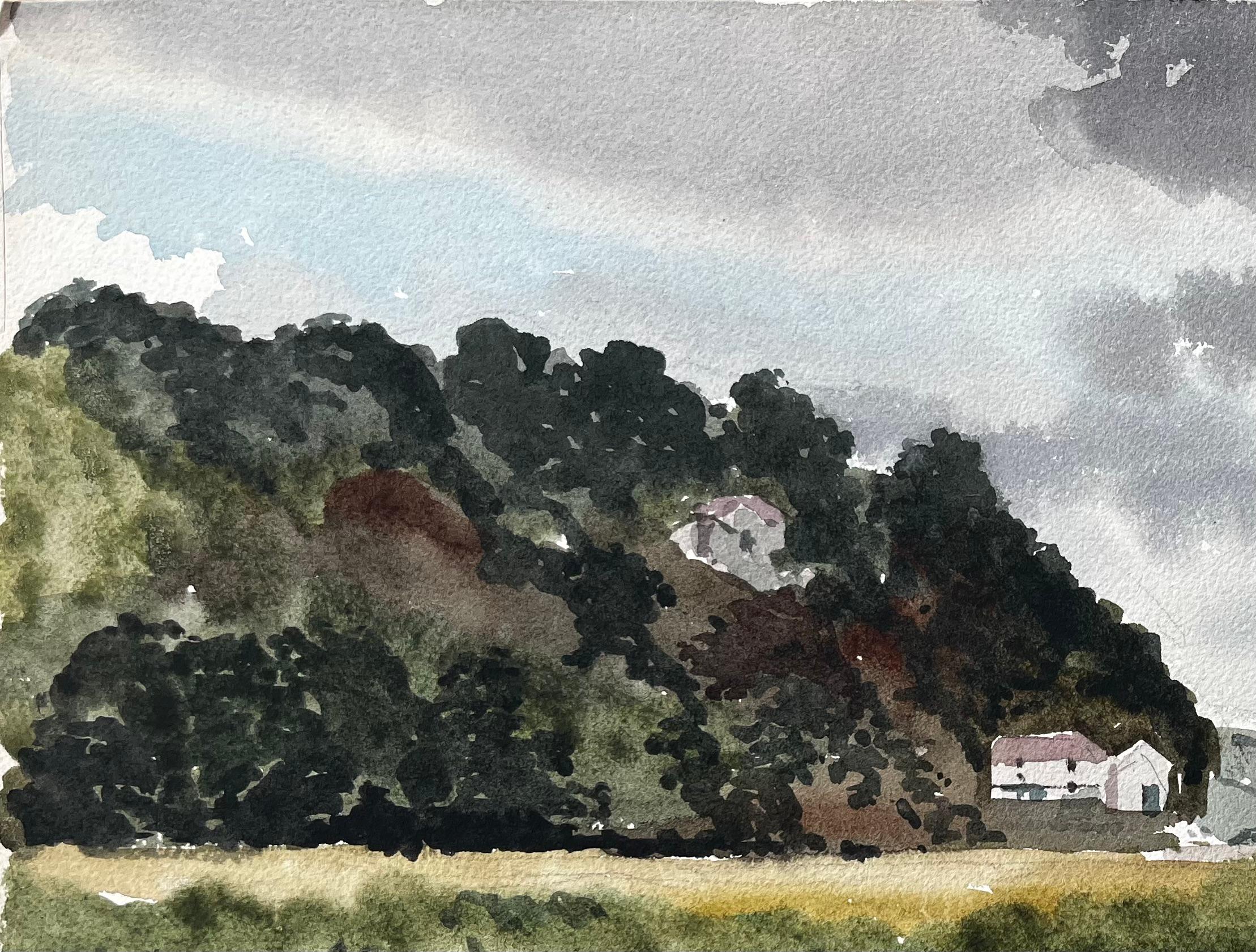 Cielo tormentoso sobre pantano y colinas Laugharne Sur de Gales 1967 Acuarela - Landscape Painting Gris de Anthony Herbert
