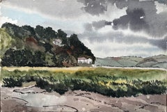 Cielo tormentoso sobre pantano y colinas Laugharne Sur de Gales 1967 Acuarela
