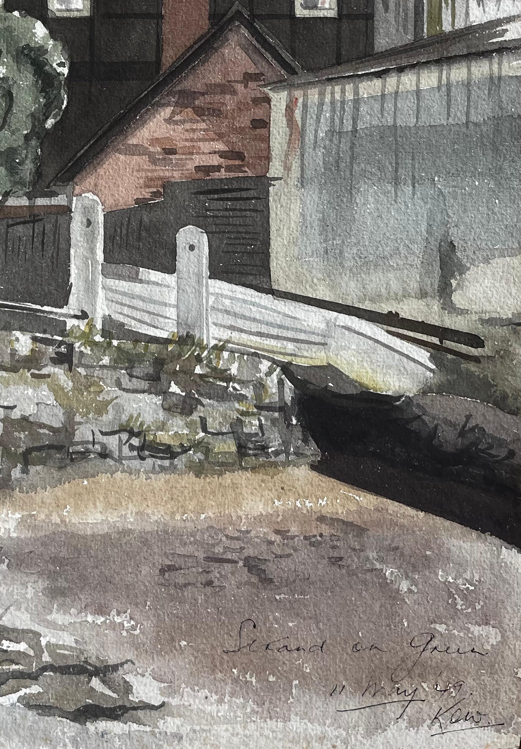 Strand on the Green Kew London Aquarell des Historic Riverside House 1949 (Grau), Landscape Art, von Anthony Herbert