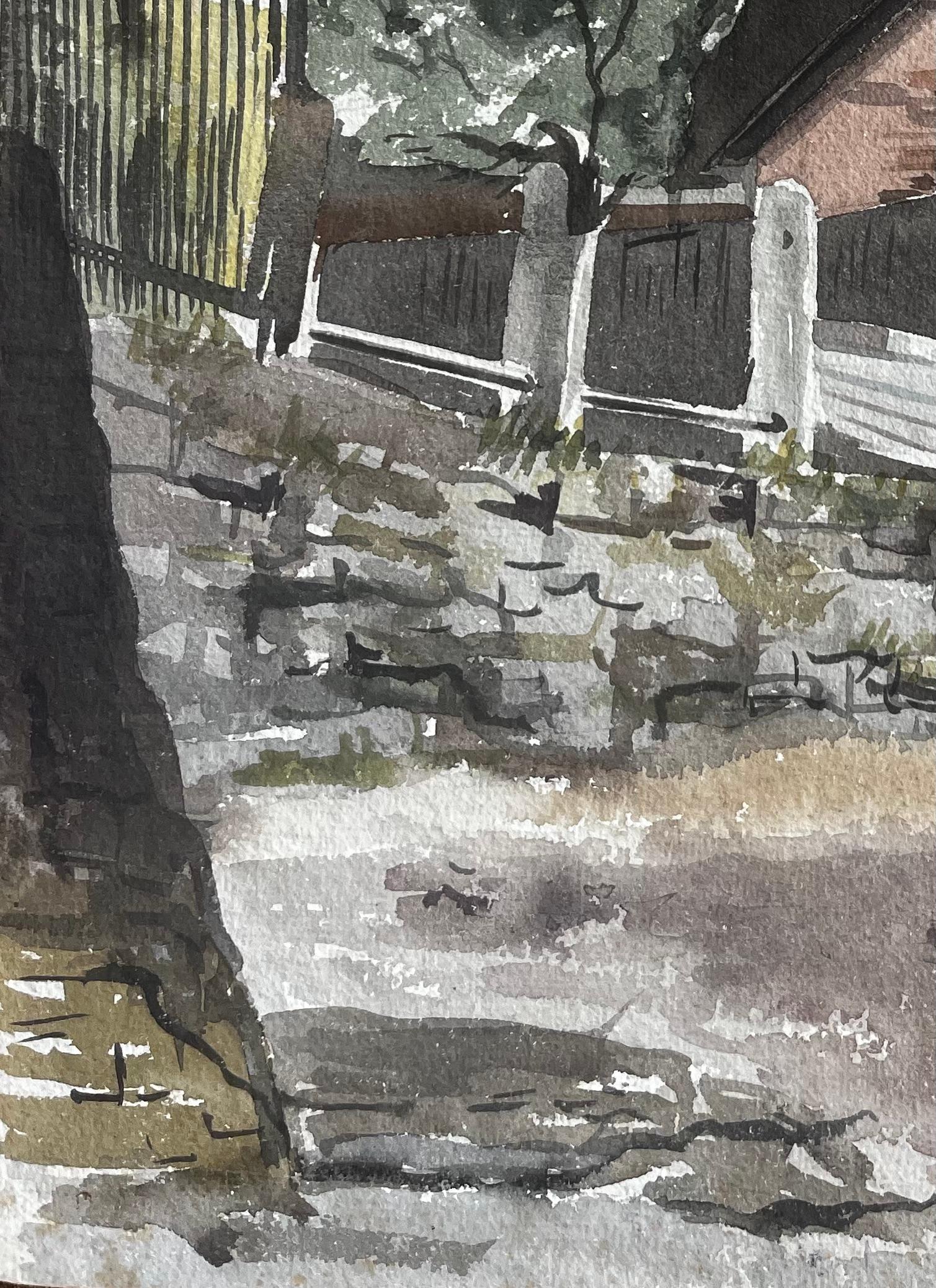 Titel: Strand on the Green Kew London Aquarell des Historic Riverside House 1949
Von Tony Herbert (1927-2024)
Medium: Aquarell auf Papier, ungerahmt
Größe: 14,25 x 10 Zoll 
Zustand: gut
Provenienz: Aus einer großen Privatsammlung des Künstlers,