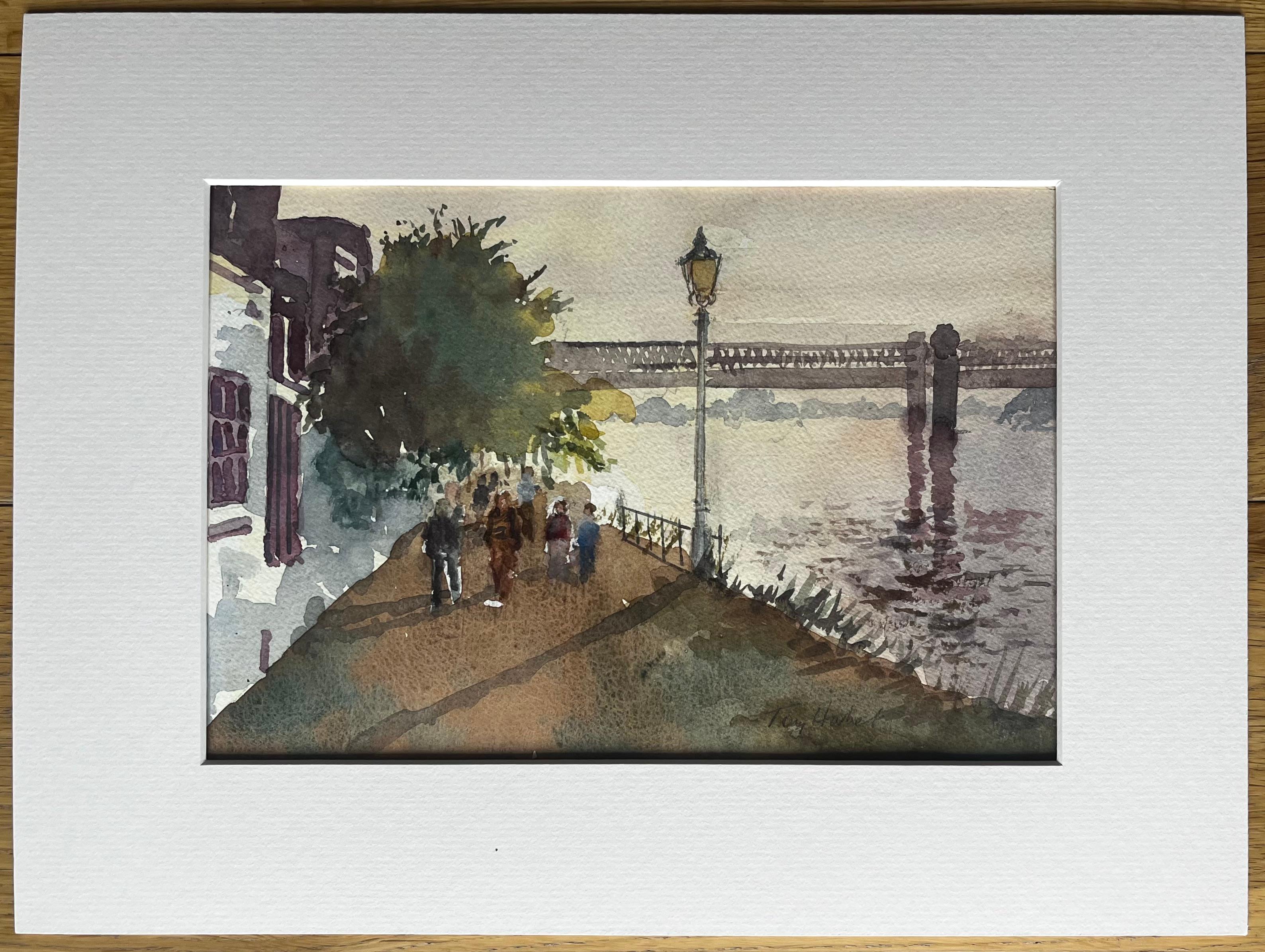 Strand on the Green Thames Riverside Walk with Figures and Footbridge - Art by Anthony Herbert