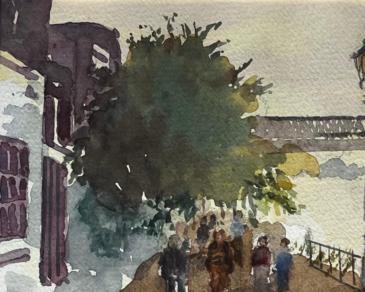 Strand on the Green Thames Riverside Walk with Figures and Footbridge - Gray Landscape Art by Anthony Herbert