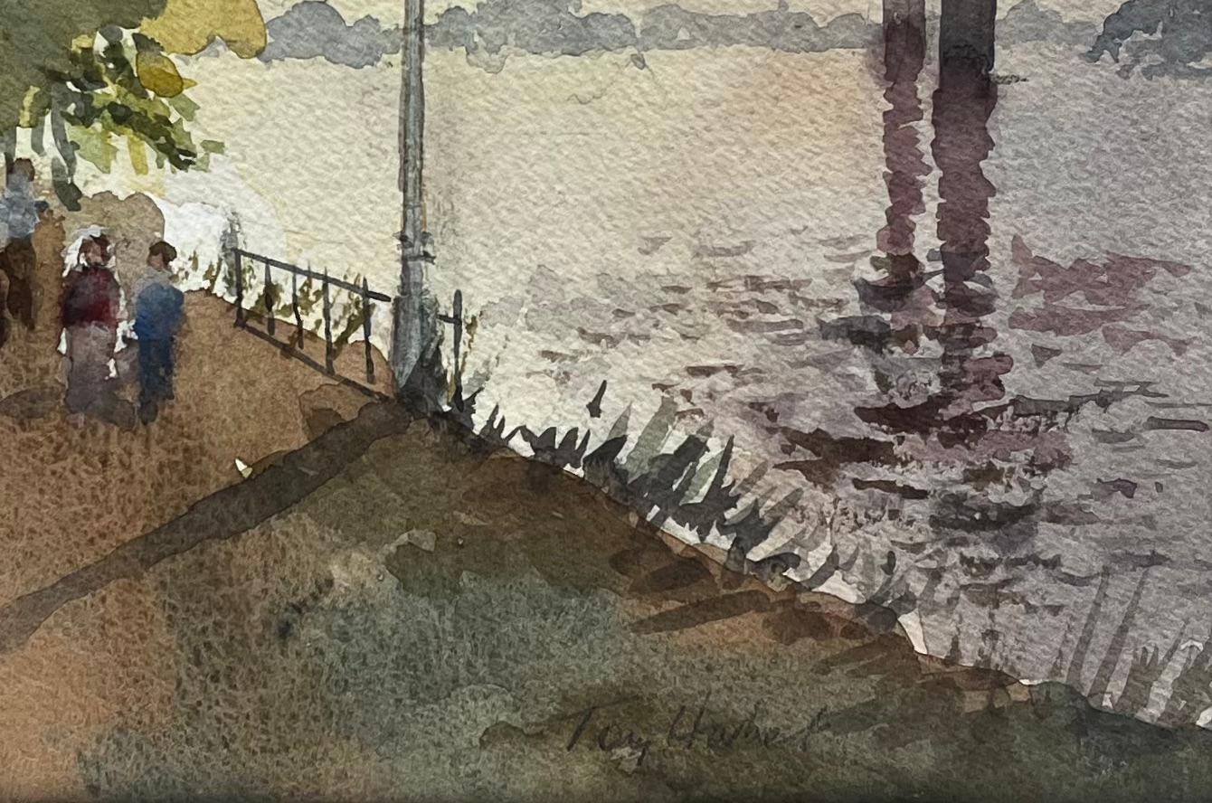 Title: Strand on the Green Thames Riverside Walk with Figures and Footbridge
By Tony Herbert (1927-2024)
Signed: Bottom right
Medium: Watercolor on paper, mounted
Size: 12 inches (height) x 16 inches (width)
Condition: good, with some signs on wear