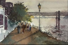 Strand on the Green Thames Riverside Walk with Figures and Footbridge