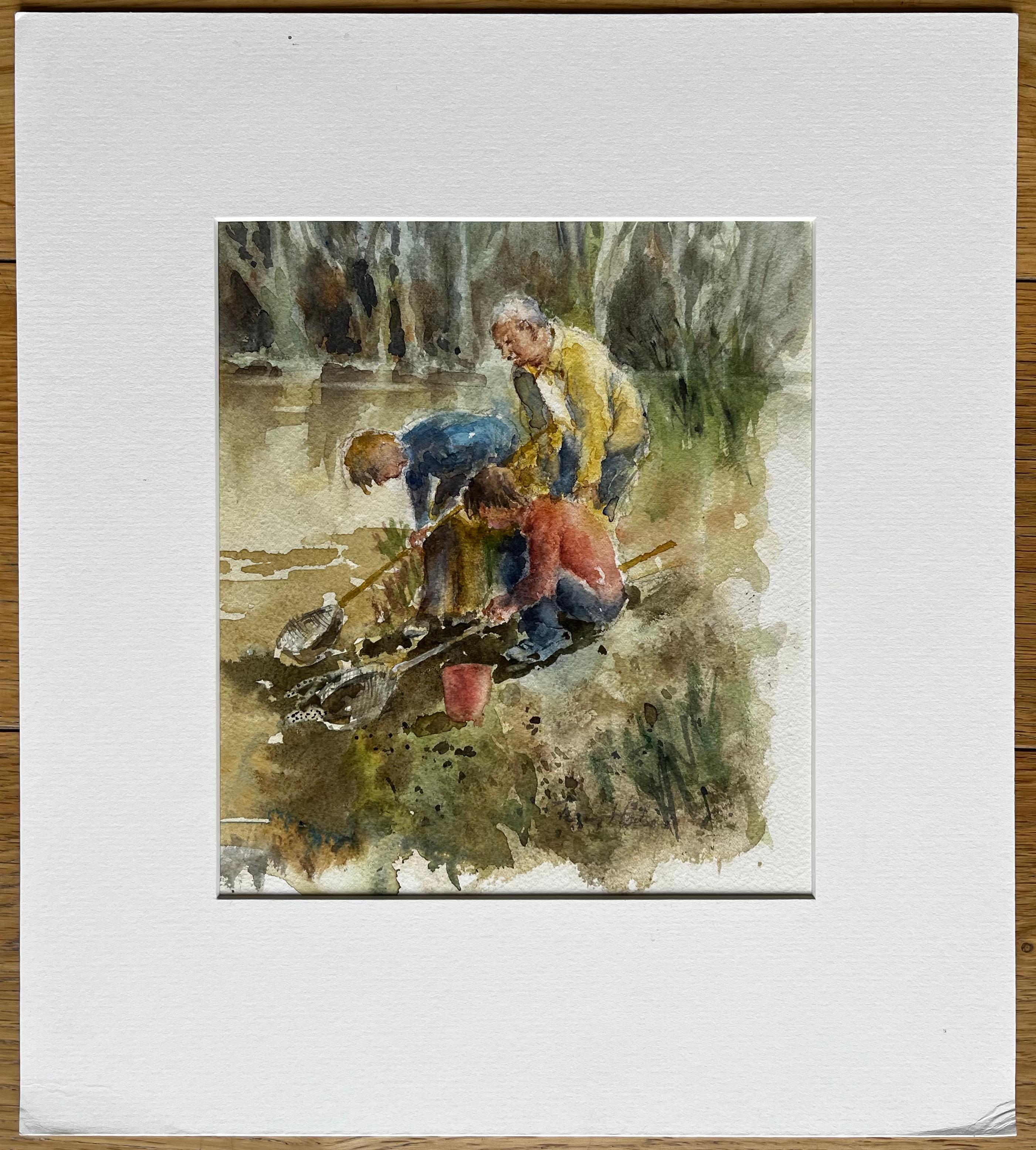 Tadpoling Ruislip Children Pond Dipping with Nets Original British Watercolour - Painting by Anthony Herbert