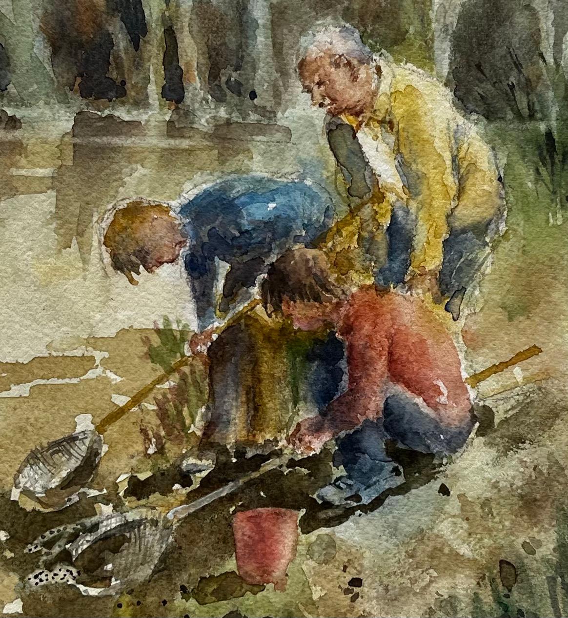 Tadpoling Ruislip Children Pond Dipping with Nets Original British Watercolour - Impressionist Painting by Anthony Herbert