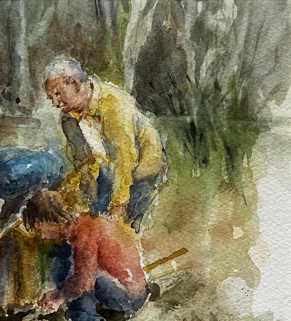 Tadpoling Ruislip Children Pond Dipping with Nets Original British Watercolour - Brown Landscape Painting by Anthony Herbert