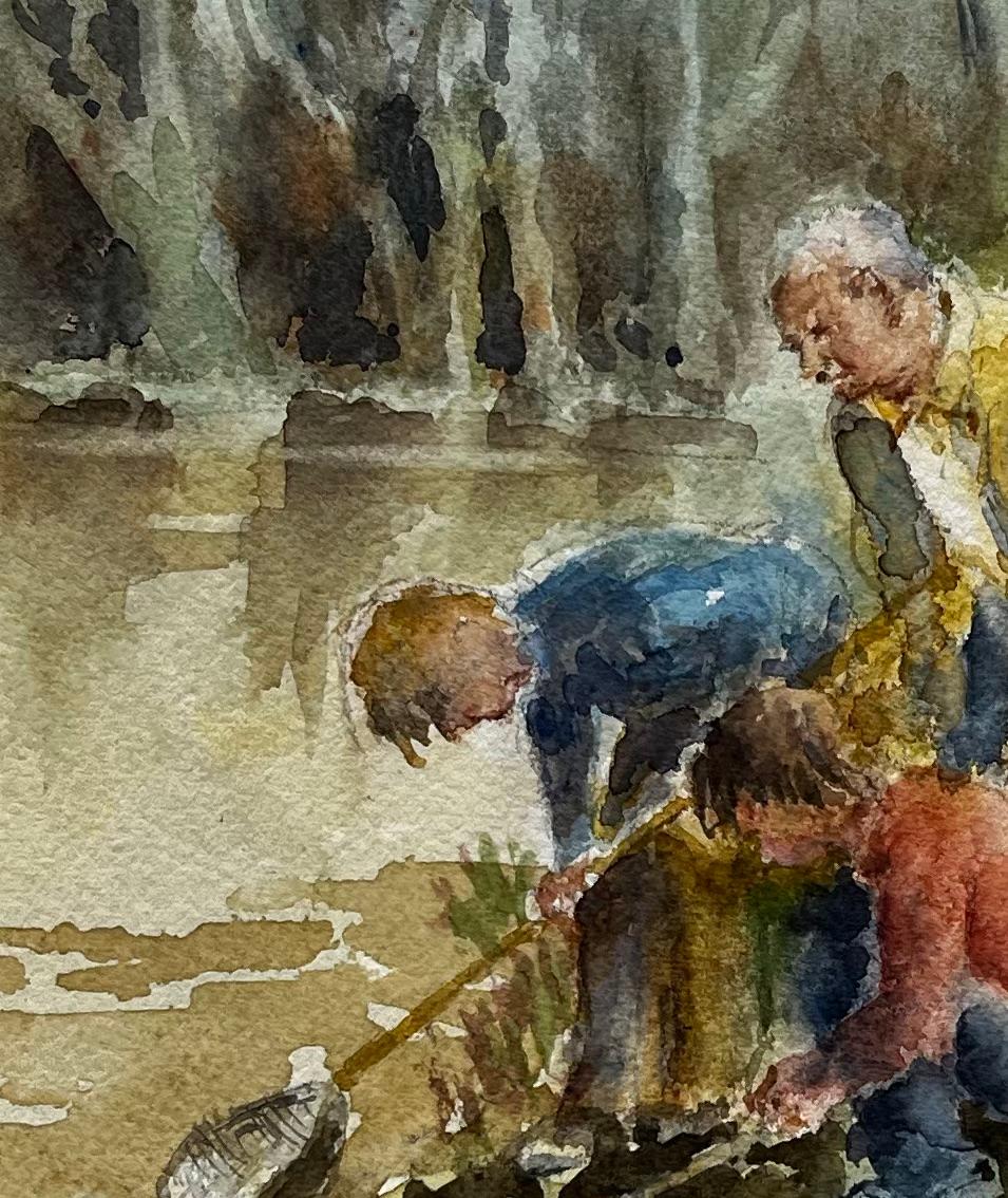 Tadpoling Ruislip Children Pond Dipping with Nets Original British Watercolour For Sale 2