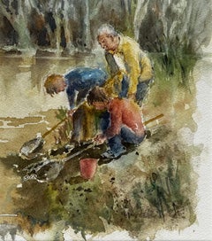 Tadpoling Ruislip Children Pond Dipping with Nets Original British Watercolour