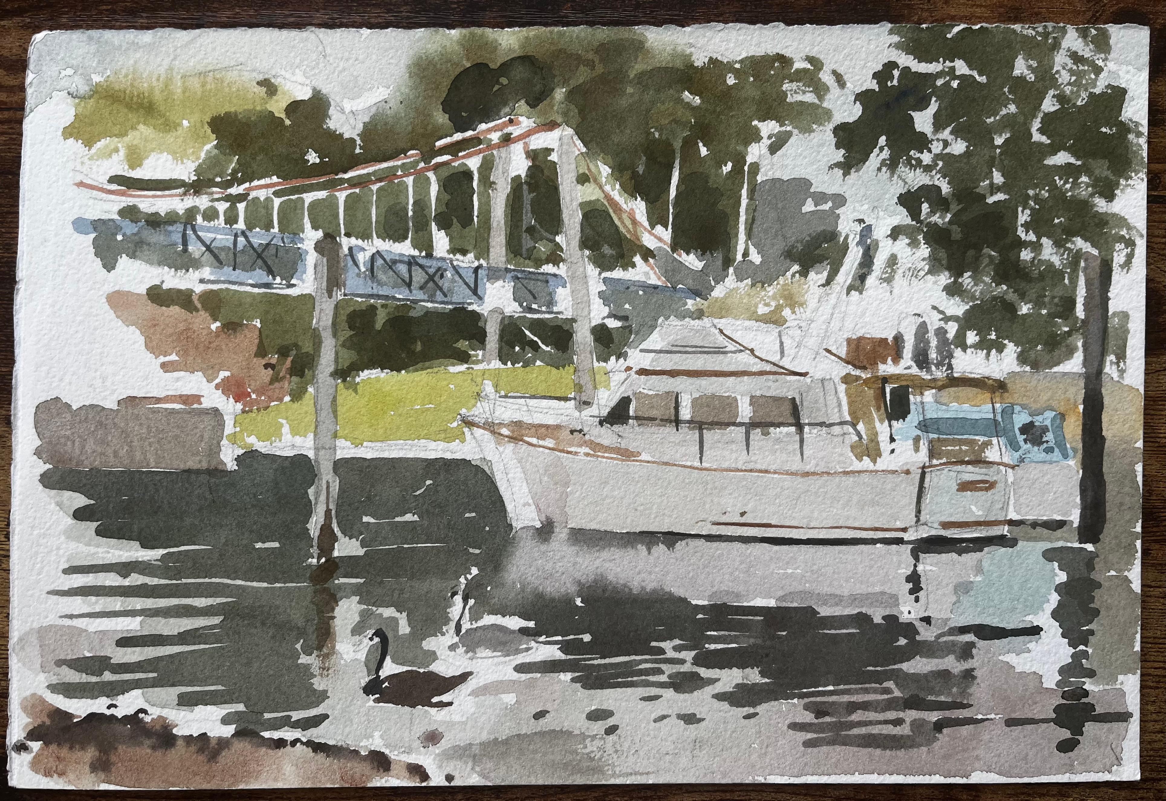 Teddington Bridge Fluss Themse Szene mit Boot Schwan und Bäume Aquarell – Art von Anthony Herbert